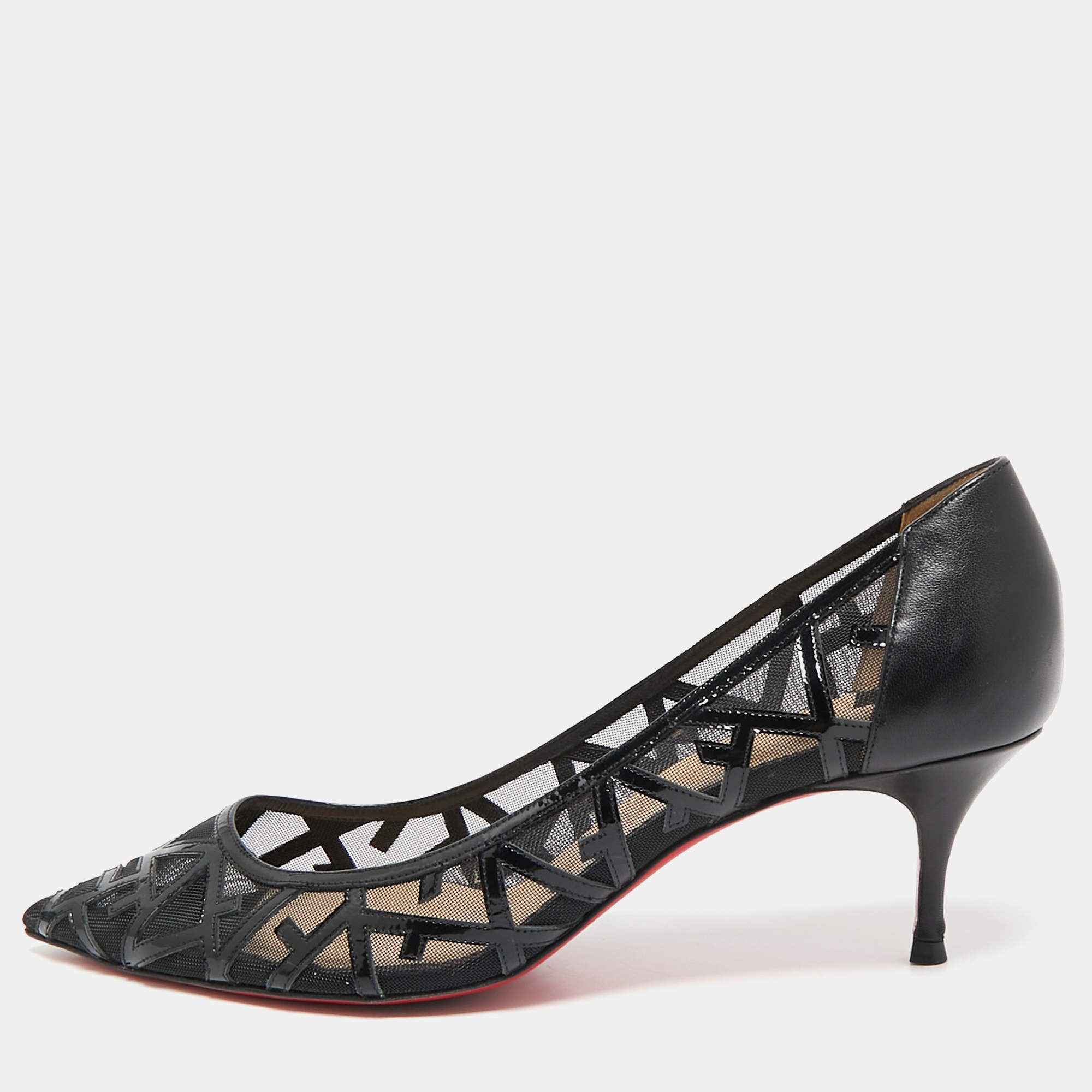 Pre Owned Christian Louboutin Black Patent Leather and Mesh Tititata Pointed Toe Pumps Size 39