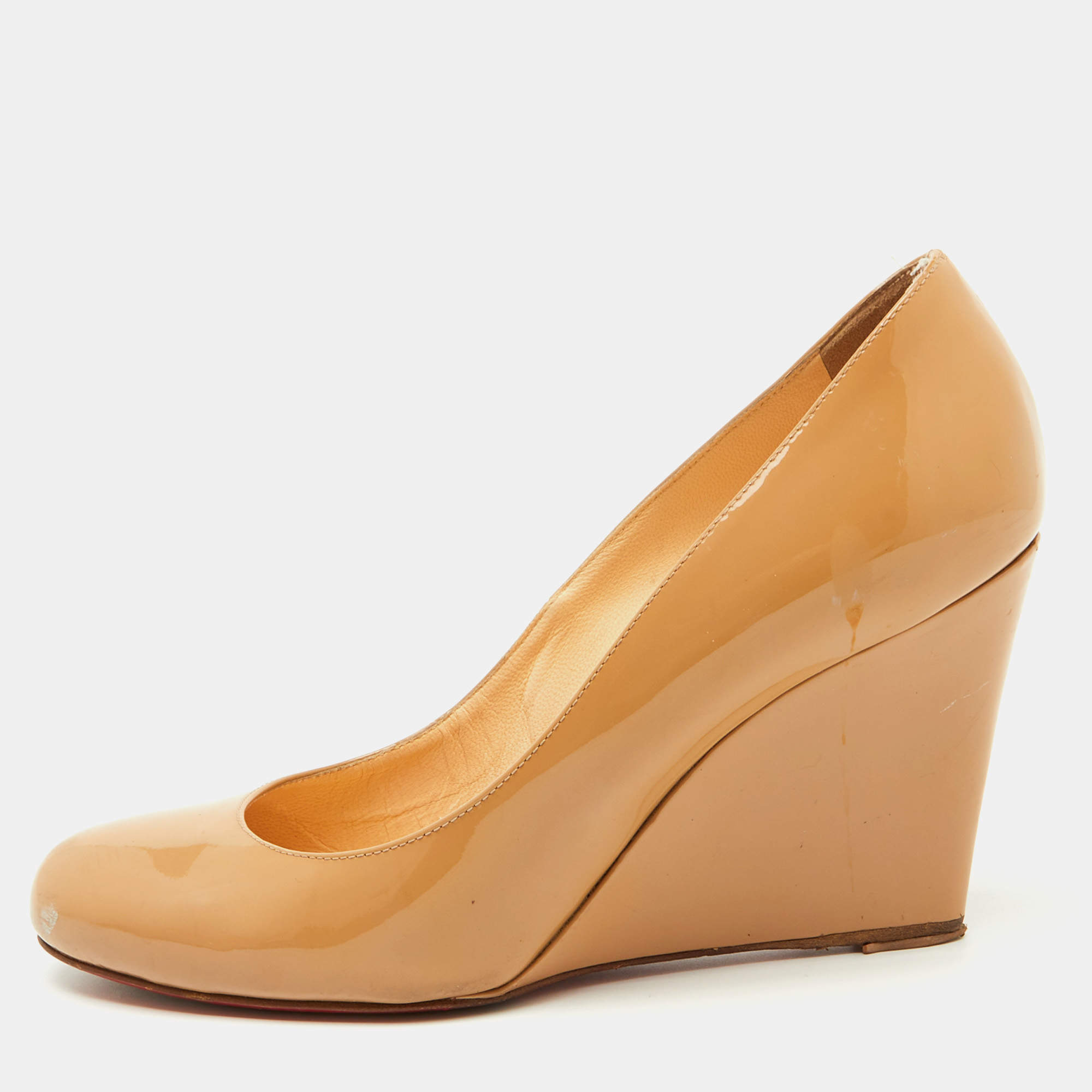 Pre Owned Christian Louboutin Beige Patent Leather RonRon Zeppa Wedge Pumps Size 38.5