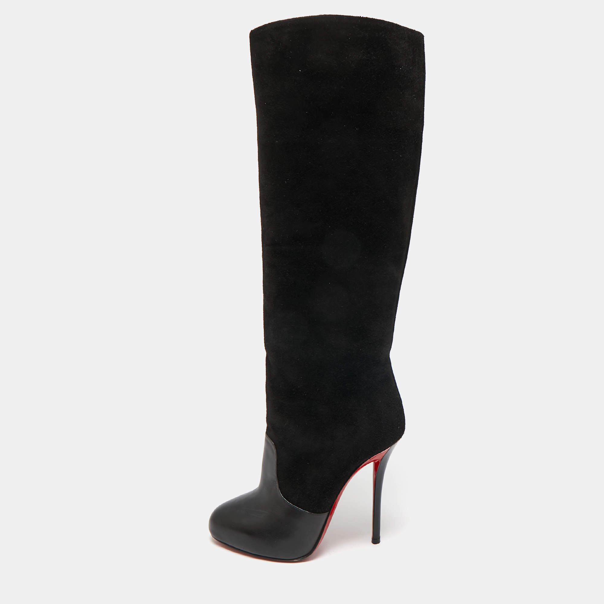 Christian Louboutin Black Leather and Suede Knee Length Boots Size 37