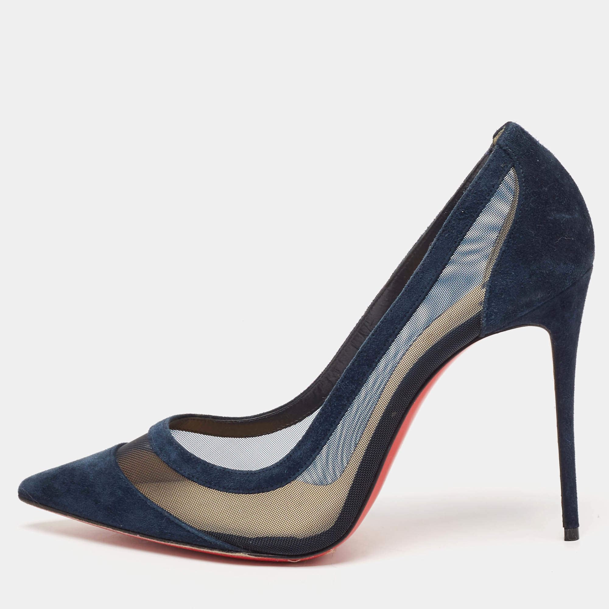 Pre Owned Christian Louboutin Navy Blue Mesh and Suede Galativi Pumps Size 40