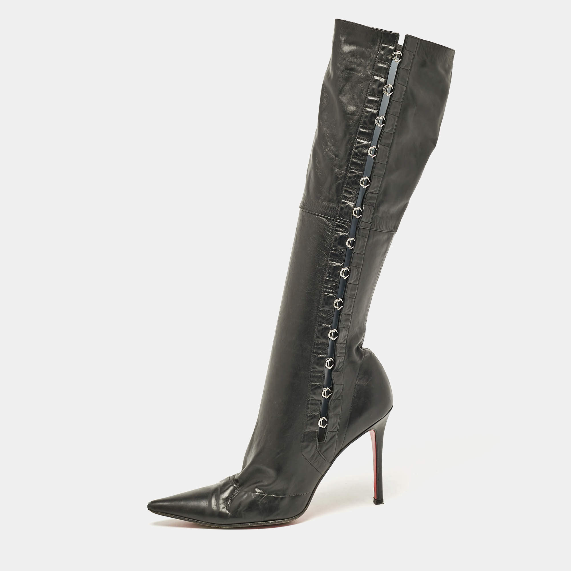 Pre Owned Christian Louboutin Black Leather Knee Length Boots Size 37.5