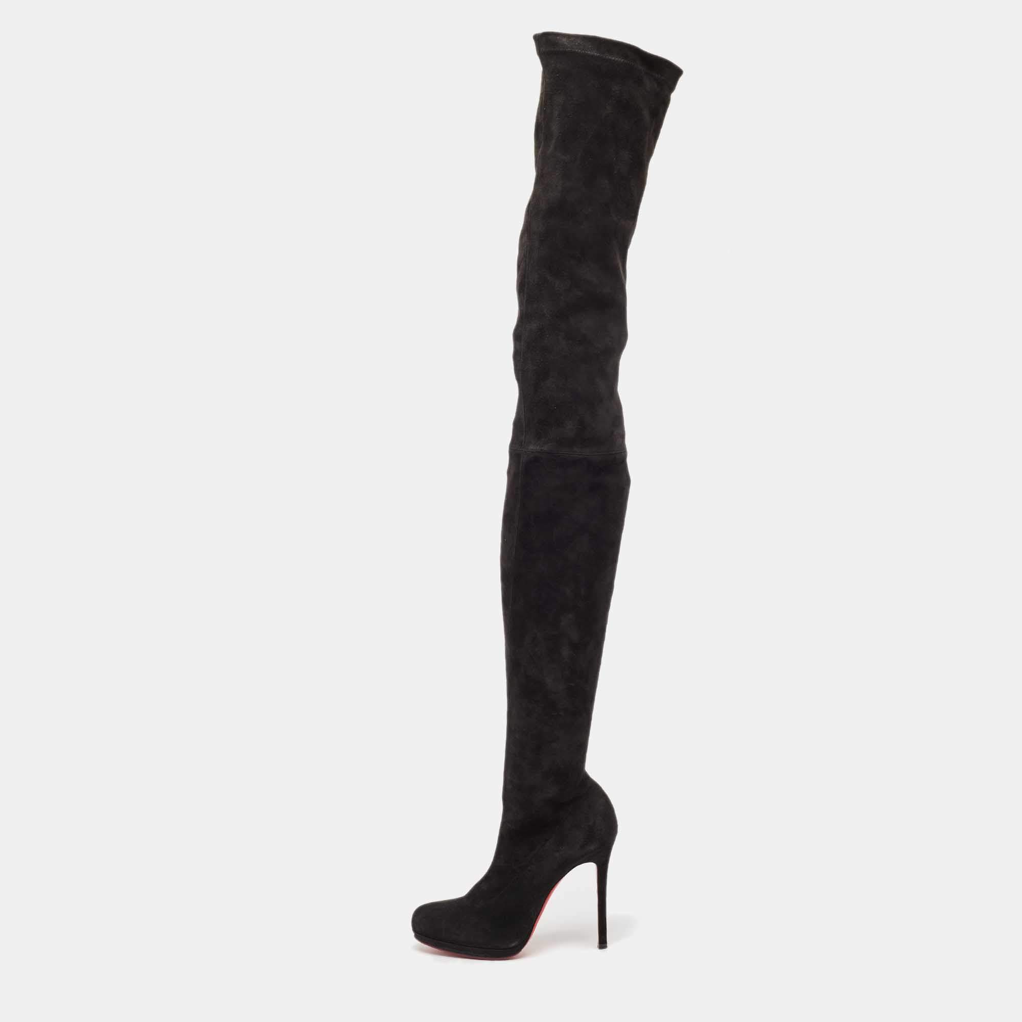 Pre Owned Christian Louboutin Black Suede  Knee Length Boots Size 38.5