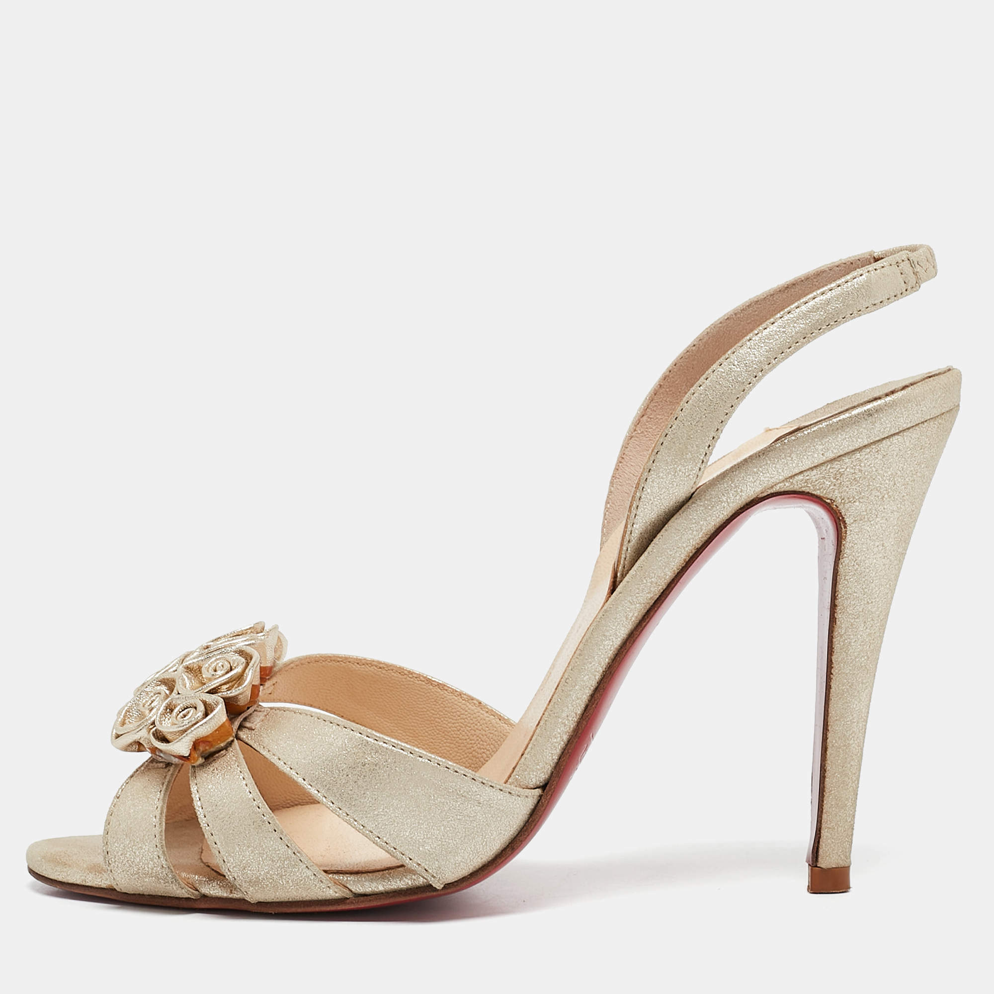 مملوكة مسبقًا Christian Louboutin Gold Suede Flo Ankle Strap Sandals Size 37