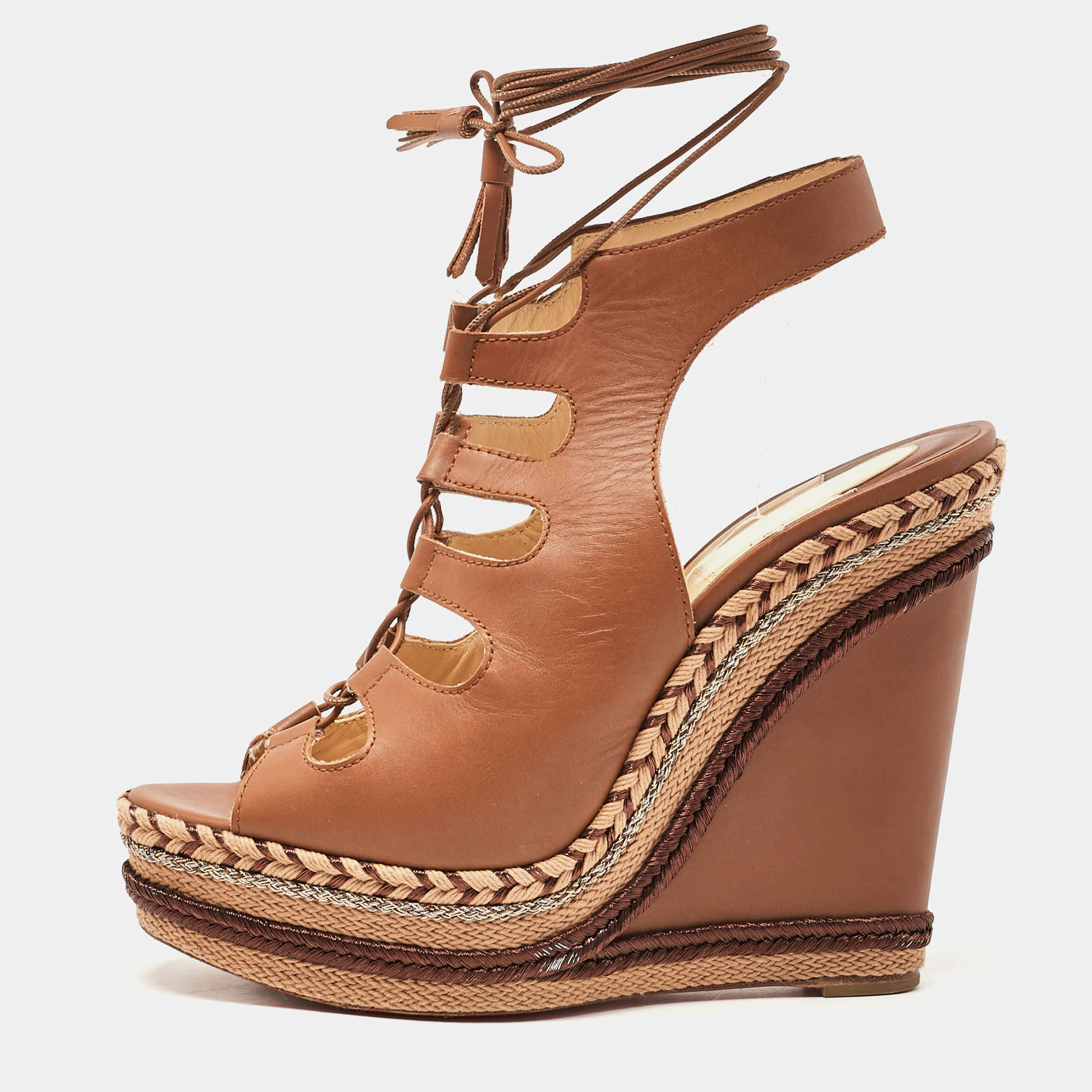 Pre Owned صندل إسفين كريستيان لوبوتان إسبادريل جلد بني مقاس 42