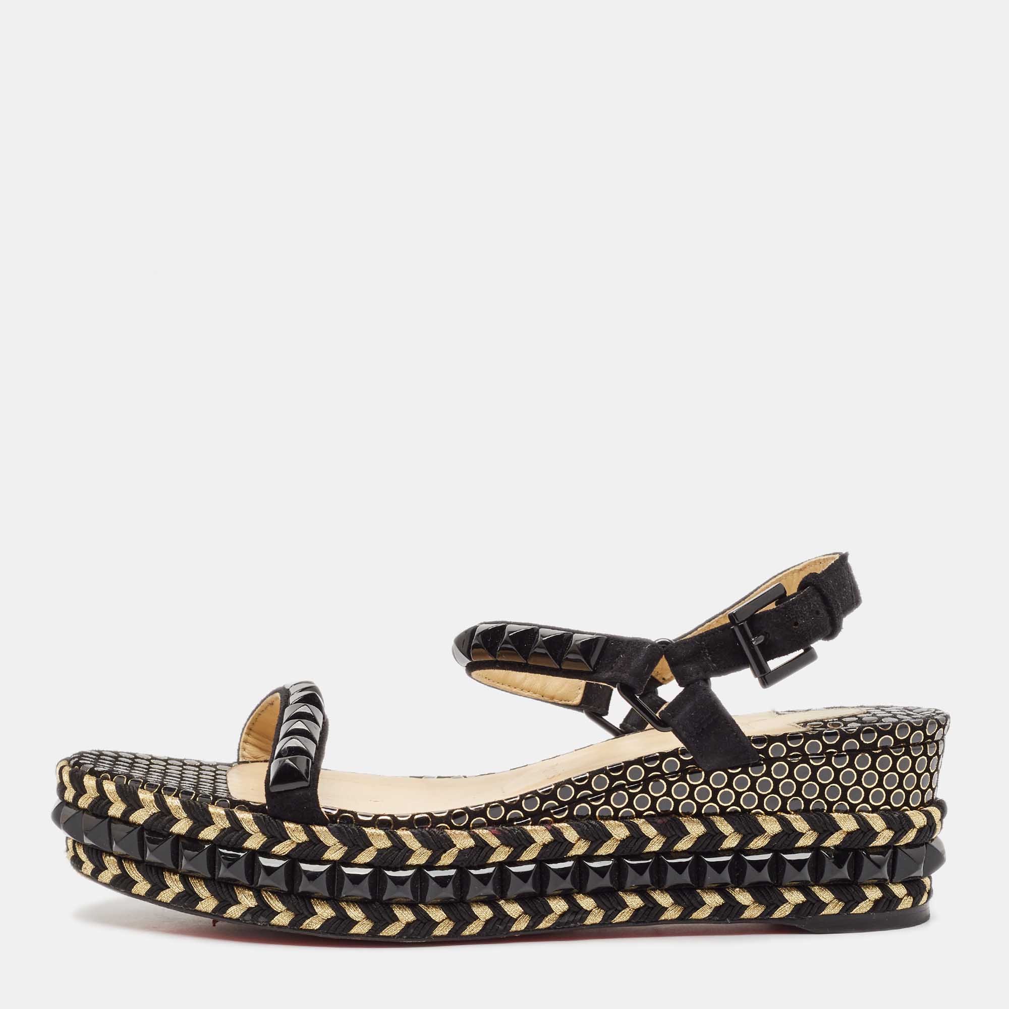 Pre Owned Christian Louboutin Black Suede Cataclou Espadrille Ankle Strap Sandals Size 39