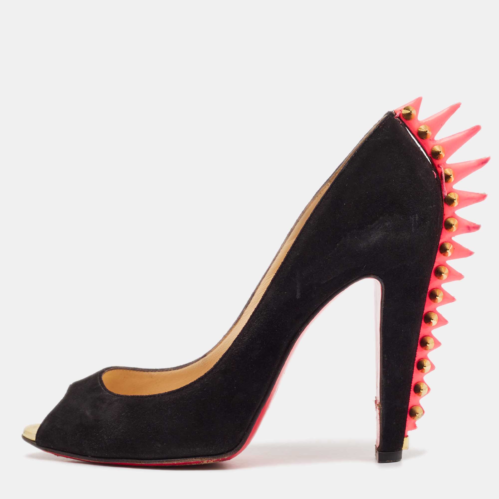 Pre Owned Christian Louboutin Black Suede Electropump Peep Toe Pumps Size 38