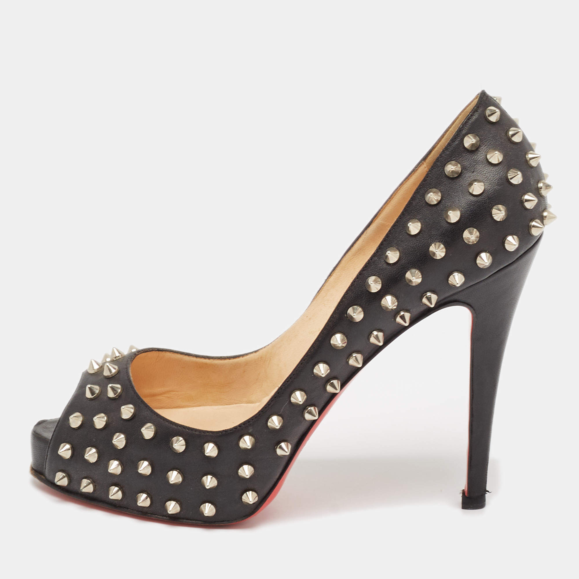 Pre Owned Christian Louboutin Black Leather Very Prive Spikes Pumps Size 38