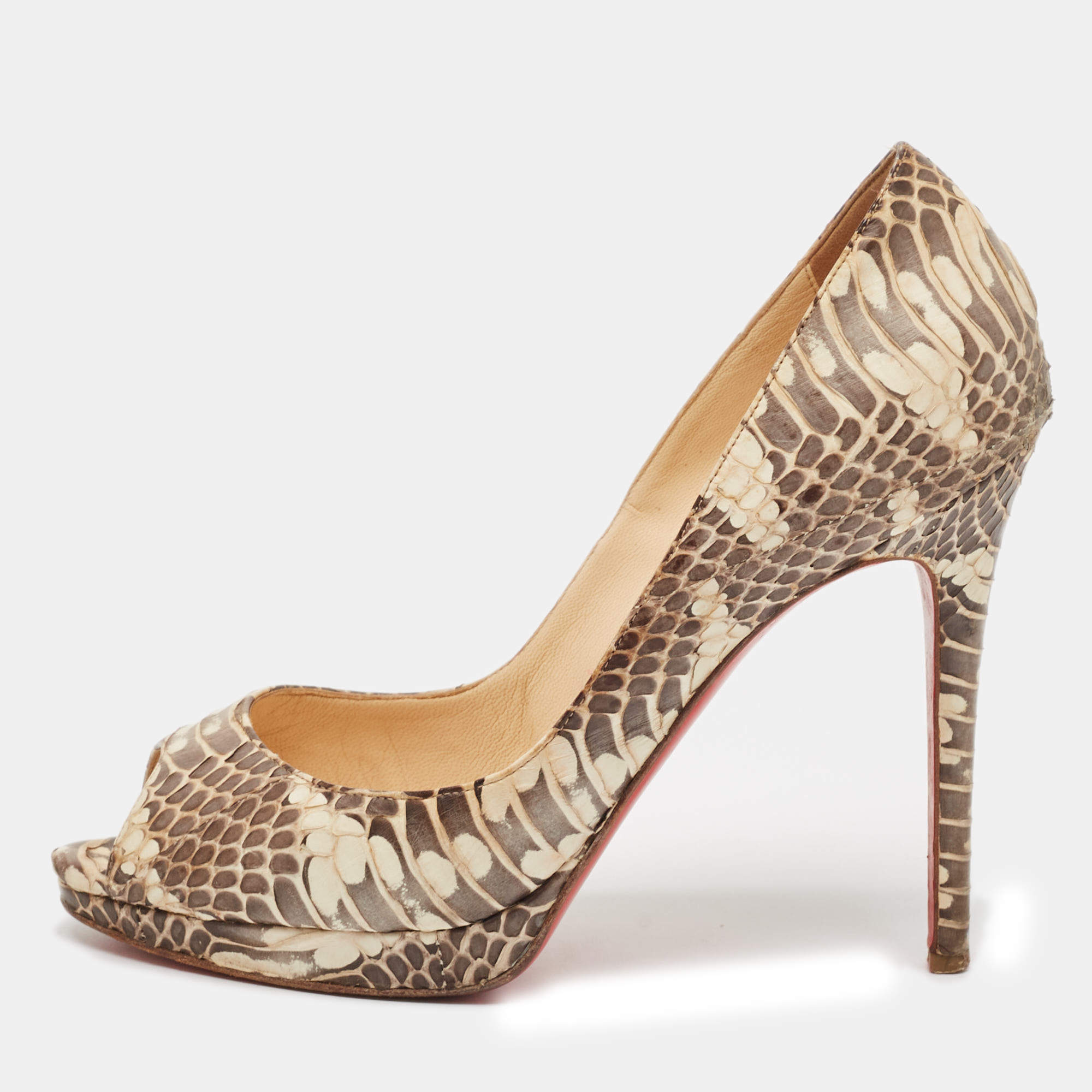 Christian Louboutin Beige Python Leather Lady Peep Peep Toe Pumps Size 38
