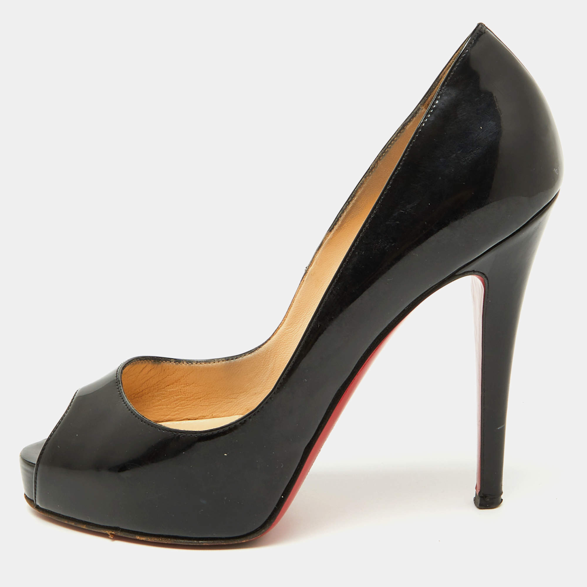Christian Louboutin Black Patent Leather Very Prive Peep Toe Platform Pumps Size 37