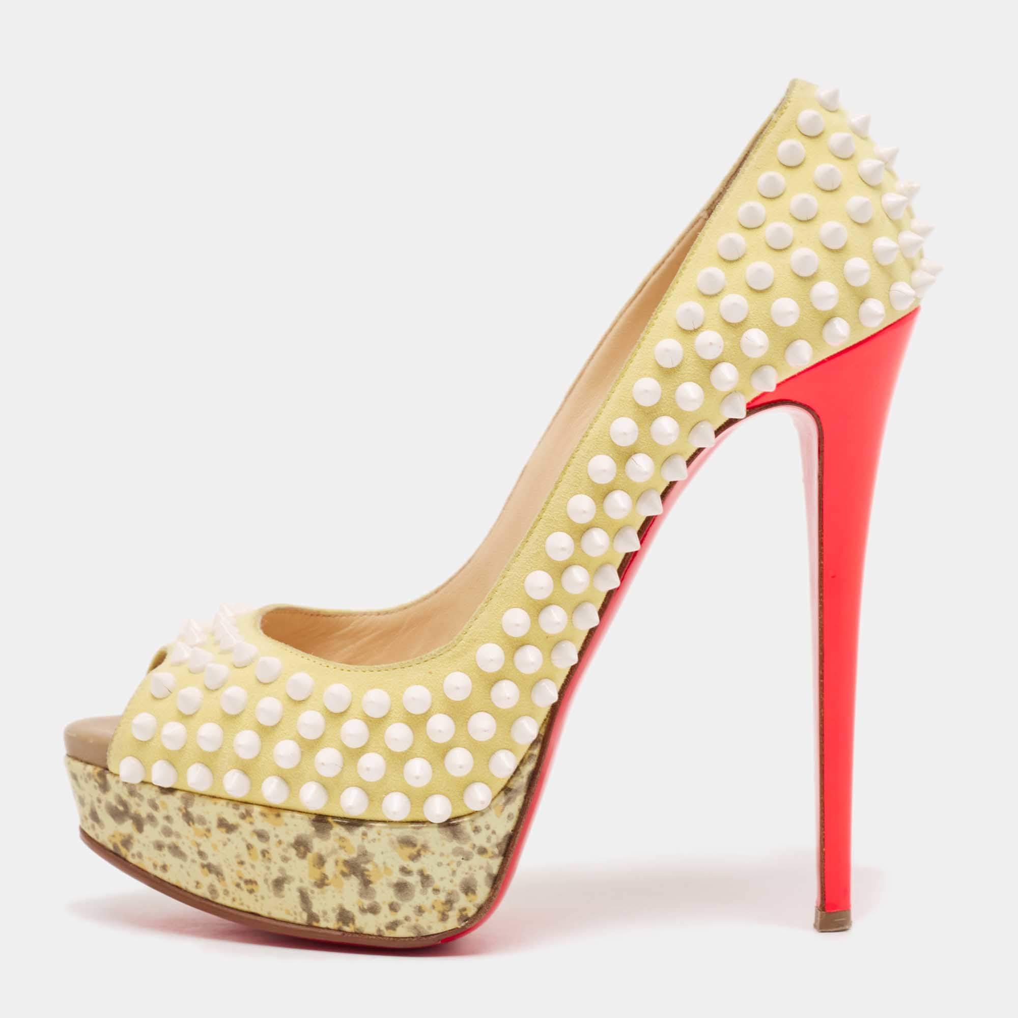 Christian Louboutin Cream Suede Lady Peep Spikes Pumps Size 39