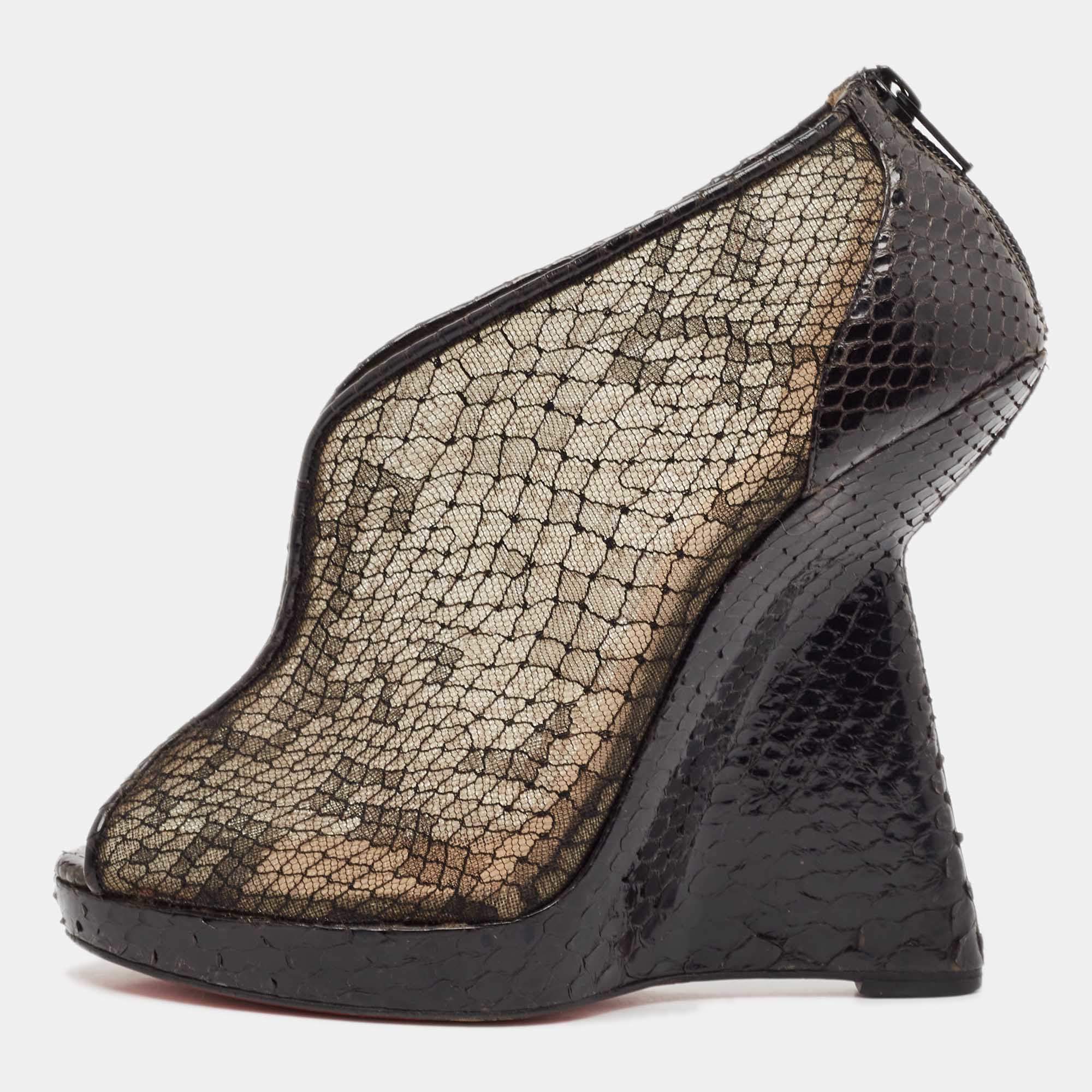 Christian Louboutin Black Mesh And Python Leather Janet Wedge Booties Size 39