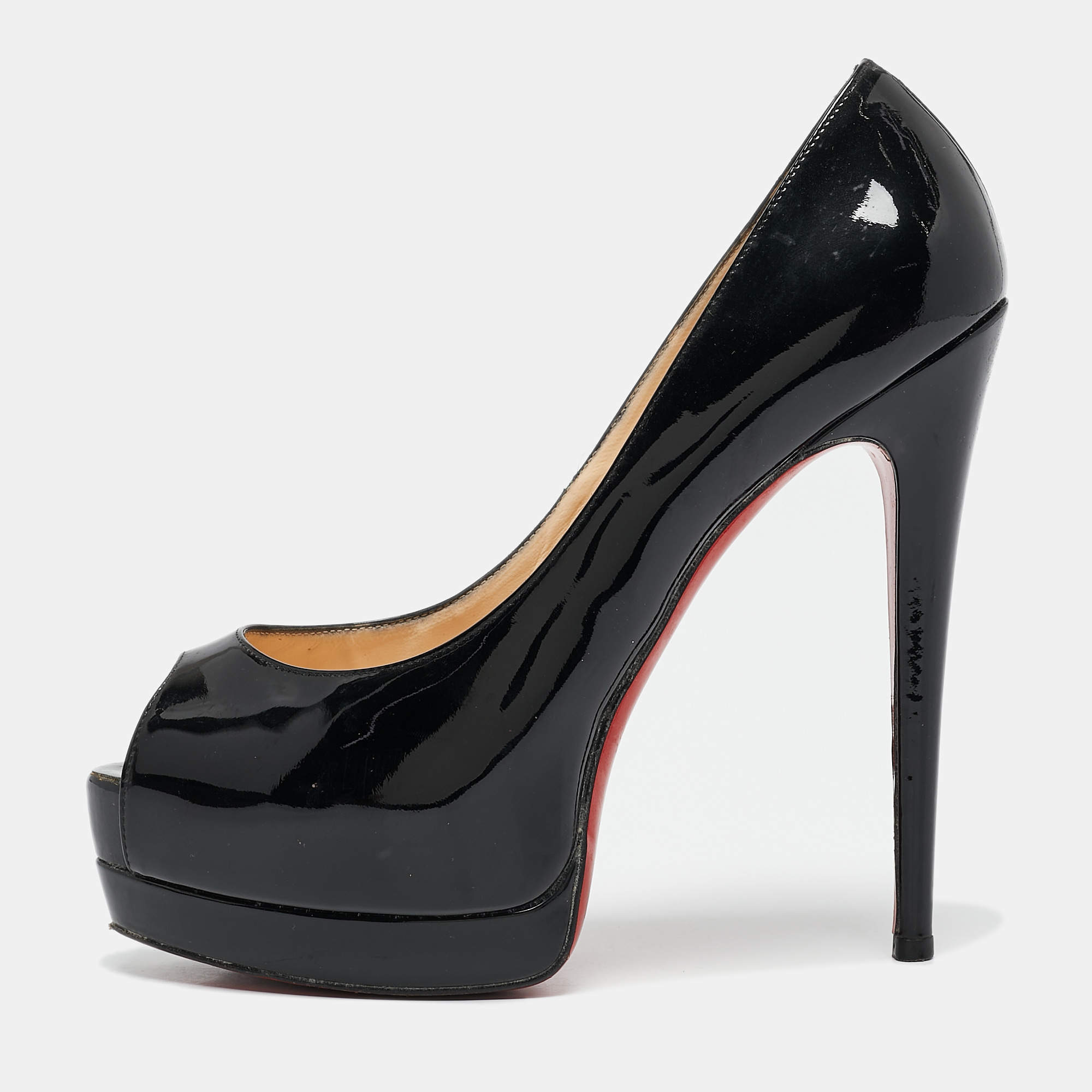 Christian Louboutin Black Patent Leather Lady Peep Toe Platform Pumps Size 38.5