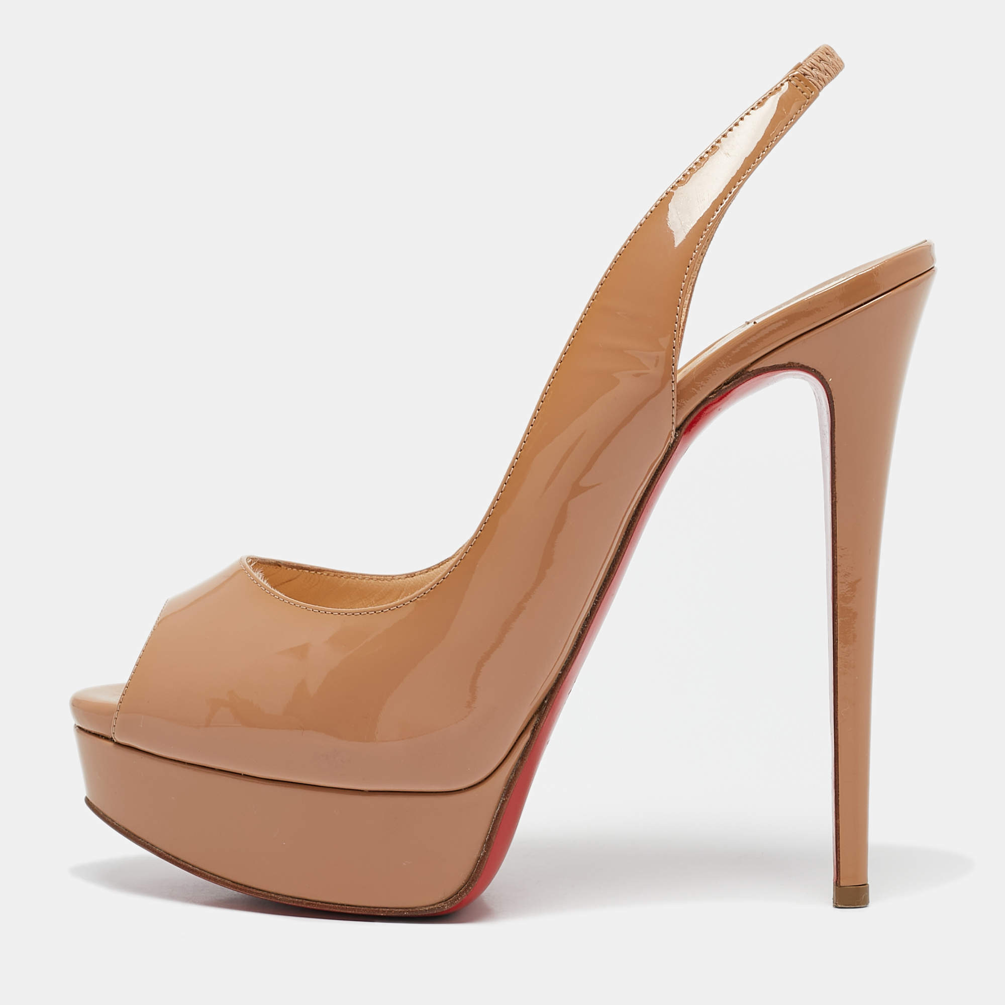 Pre Owned Christian Louboutin Beige Patent Leather Lady Peep Toe Slingback Platform Pumps Size 38.5