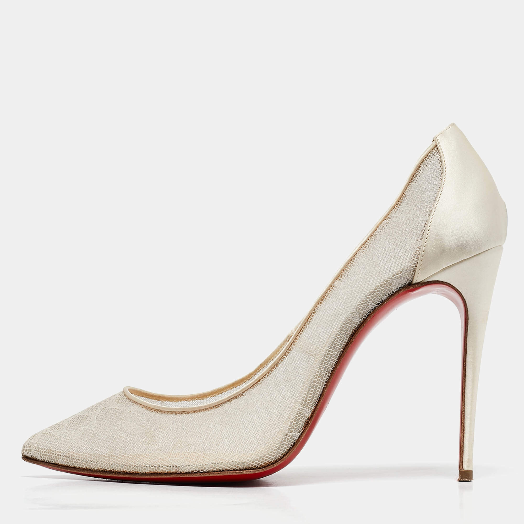 Christian Louboutin Off White Satin and Lace Follies Pumps Size 38.5