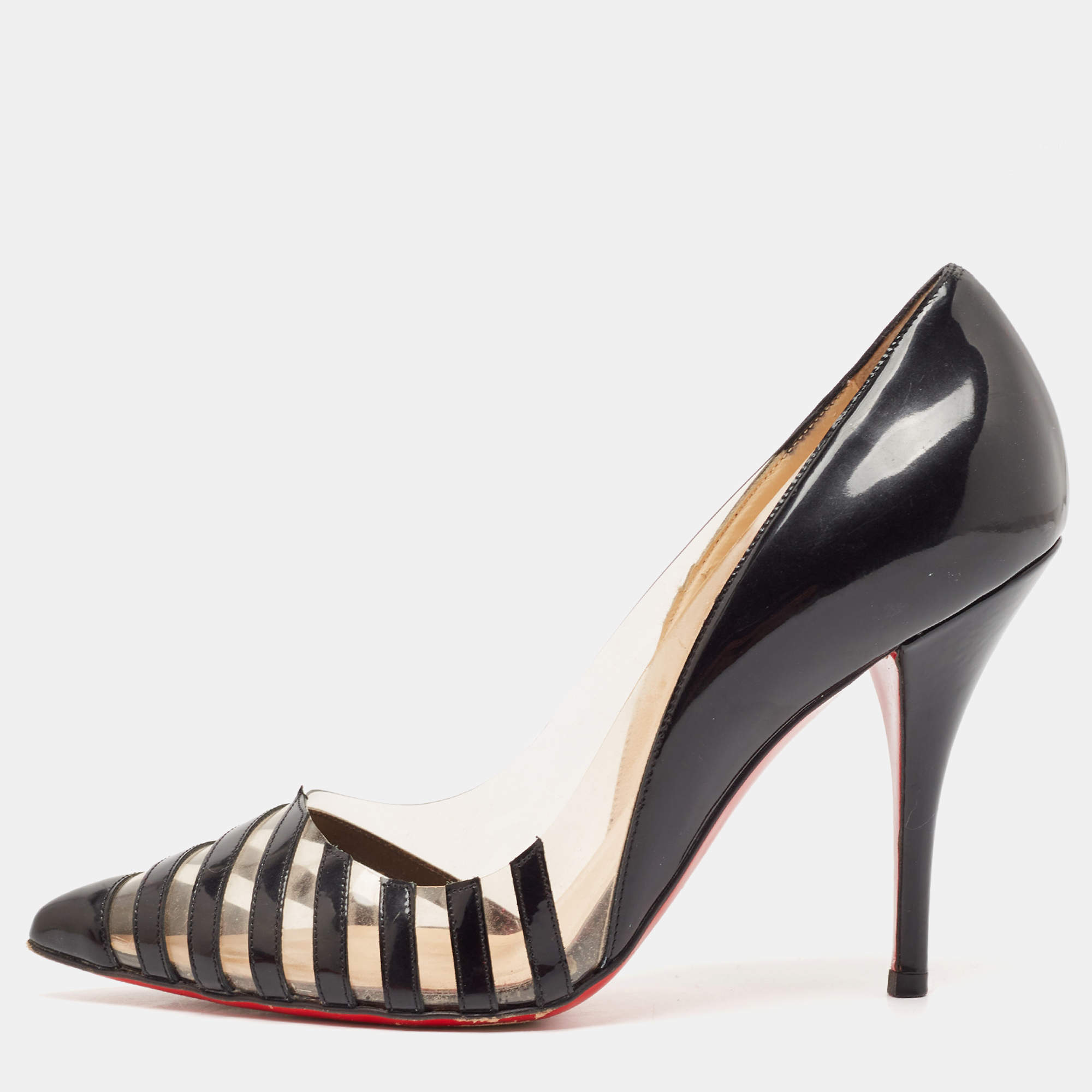 Pre Owned Christian Louboutin Black Patent Leather and PVC Pivichic Pumps Size 35.5