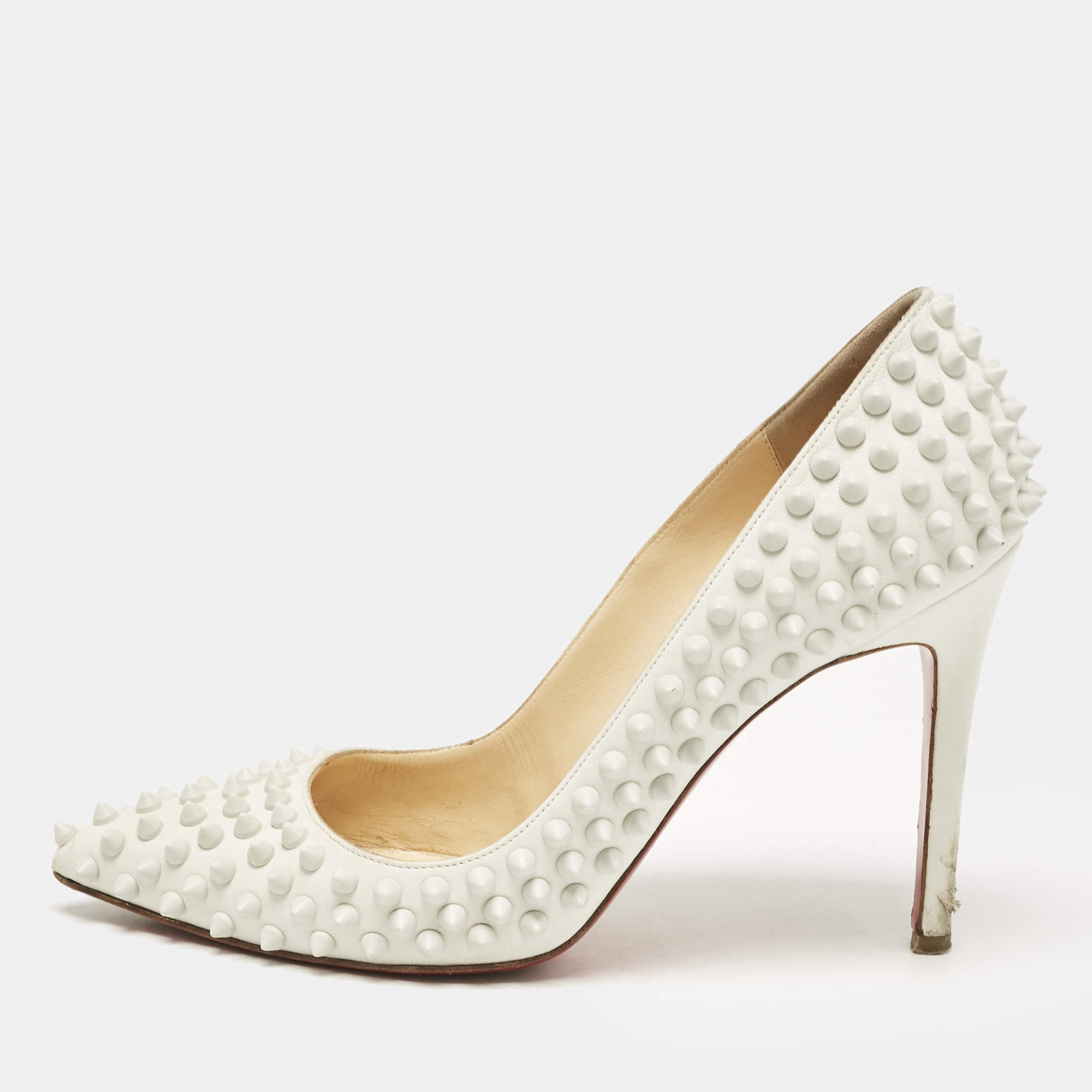 Christian Louboutin White Leather Pigalle Spikes Pointed Toe Pumps Size 38.5