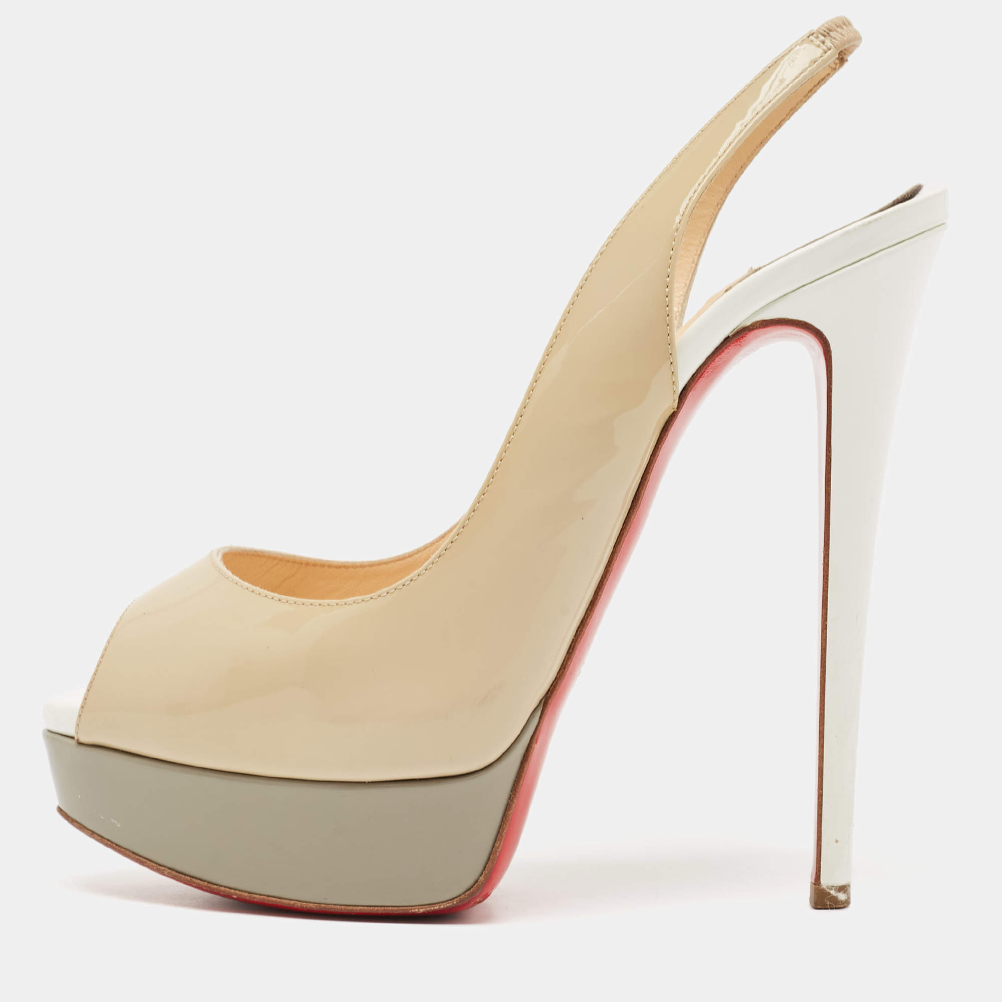 Christian Louboutin Beige/Grey Patent Leather Lady Peep Platform Slingback Pumps Size 38.5