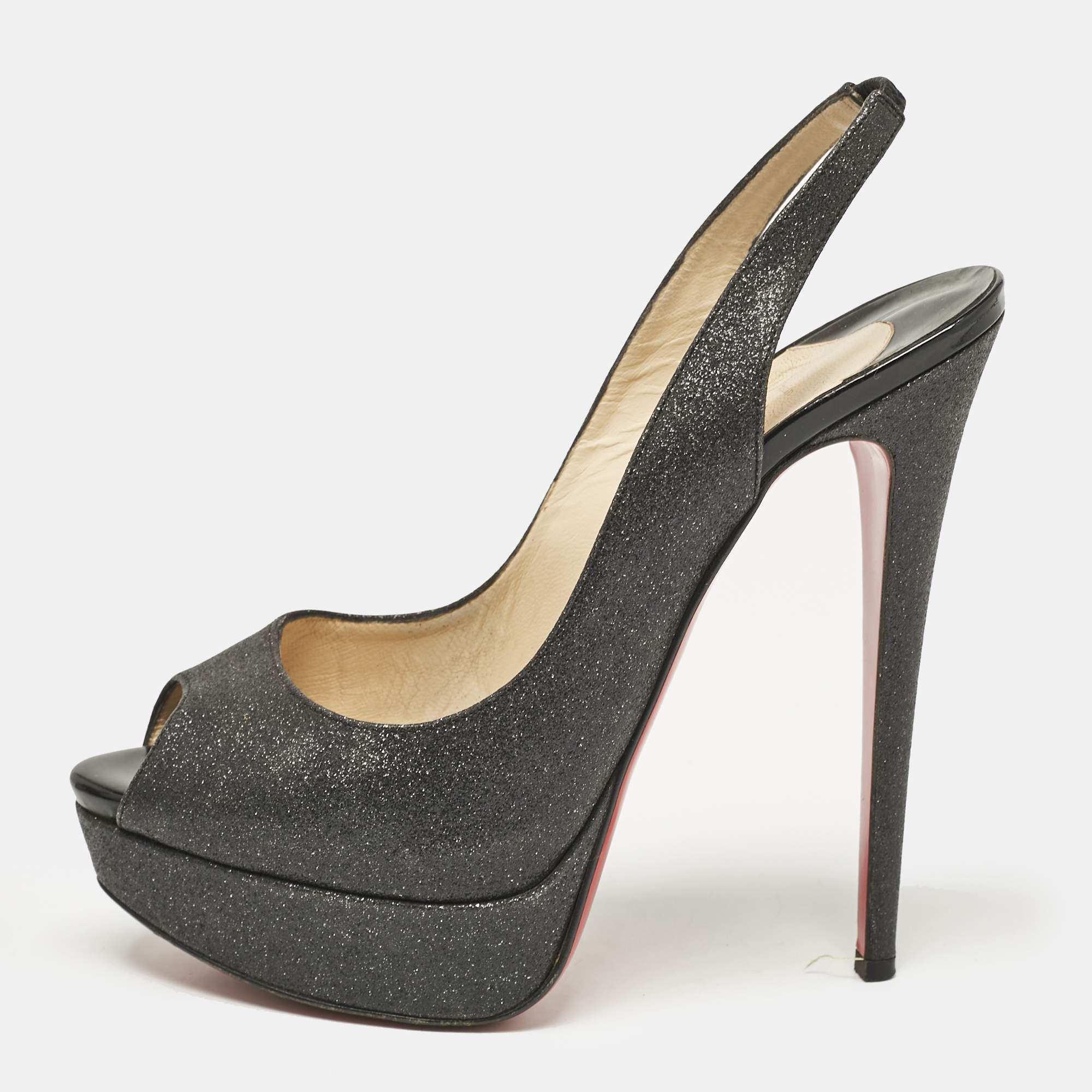 Pre Owned Christian Louboutin Grey Glitter Lady Peep Slingback Pumps Size 39