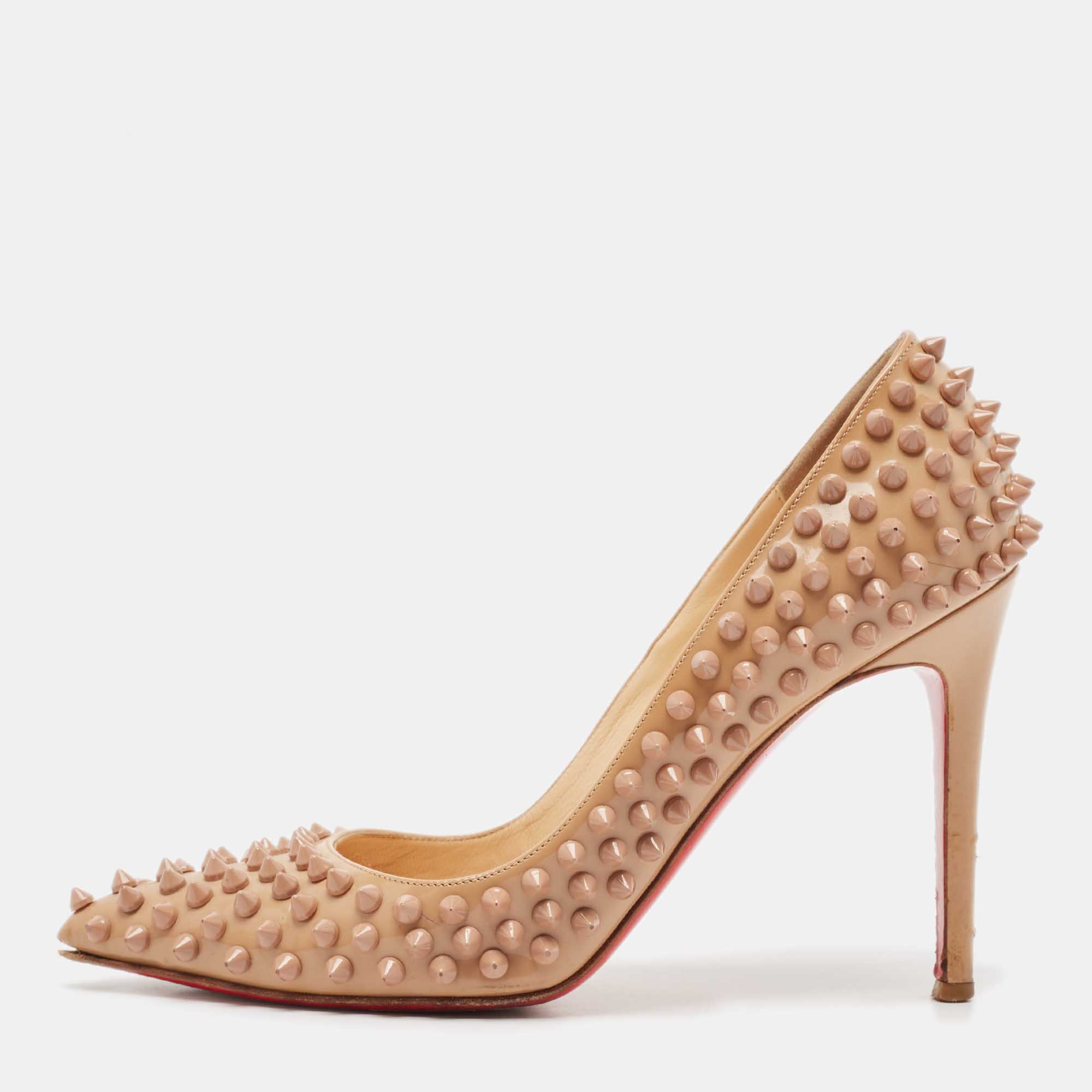 Pre Owned Christian Louboutin Beige Patent Leather Pigalle Spikes Pointed Toe Pumps Size 38