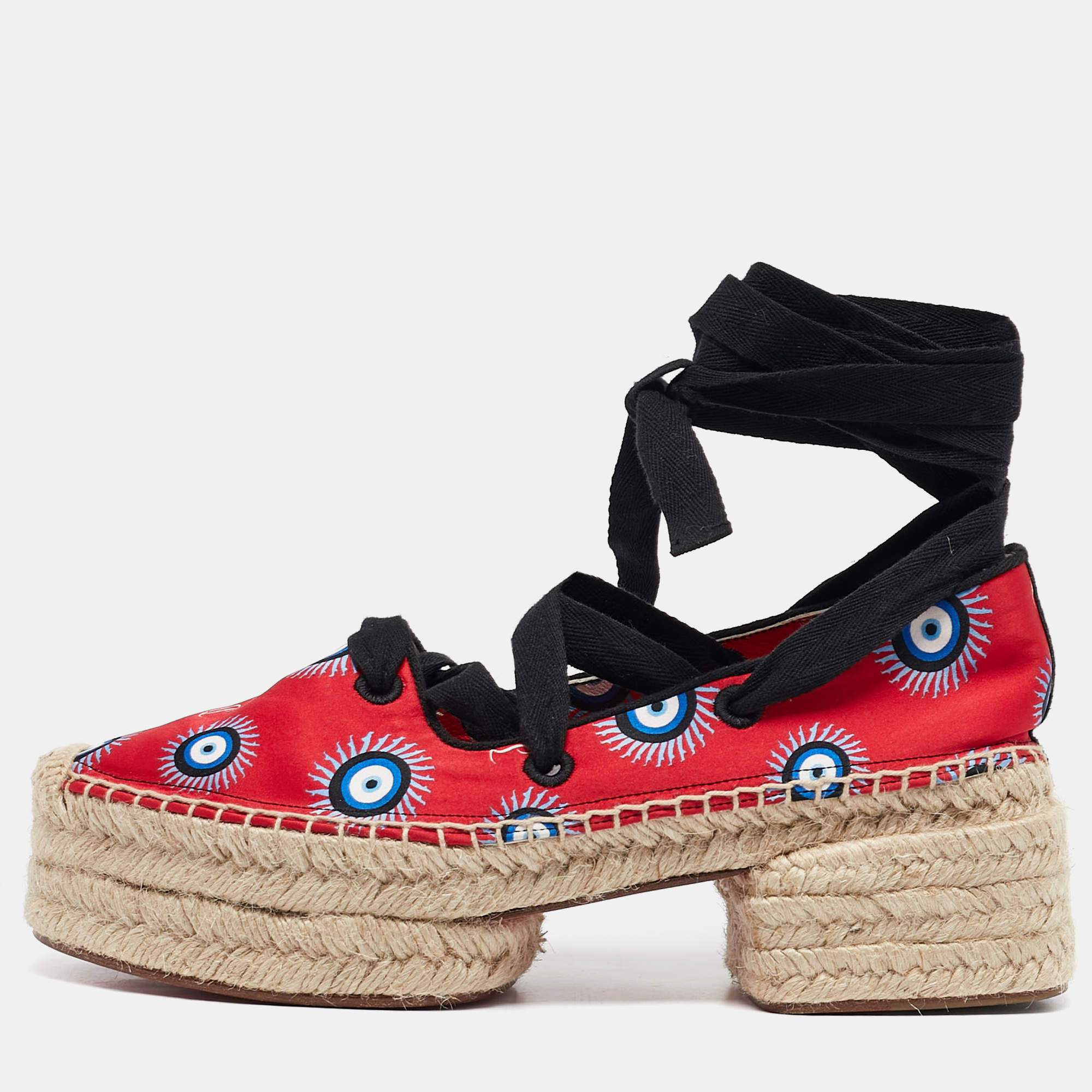 Christian Louboutin Red Fabric Evil Eye Print Platform Espadrille Sandals Size 38