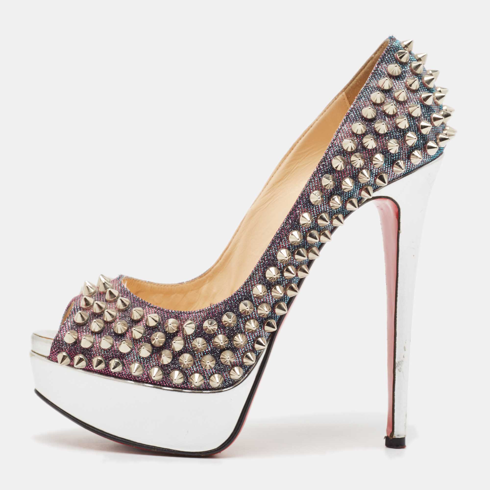Christian Louboutin Metallic Lurex Fabric Lady Peep Spikes Pumps Size 35.5