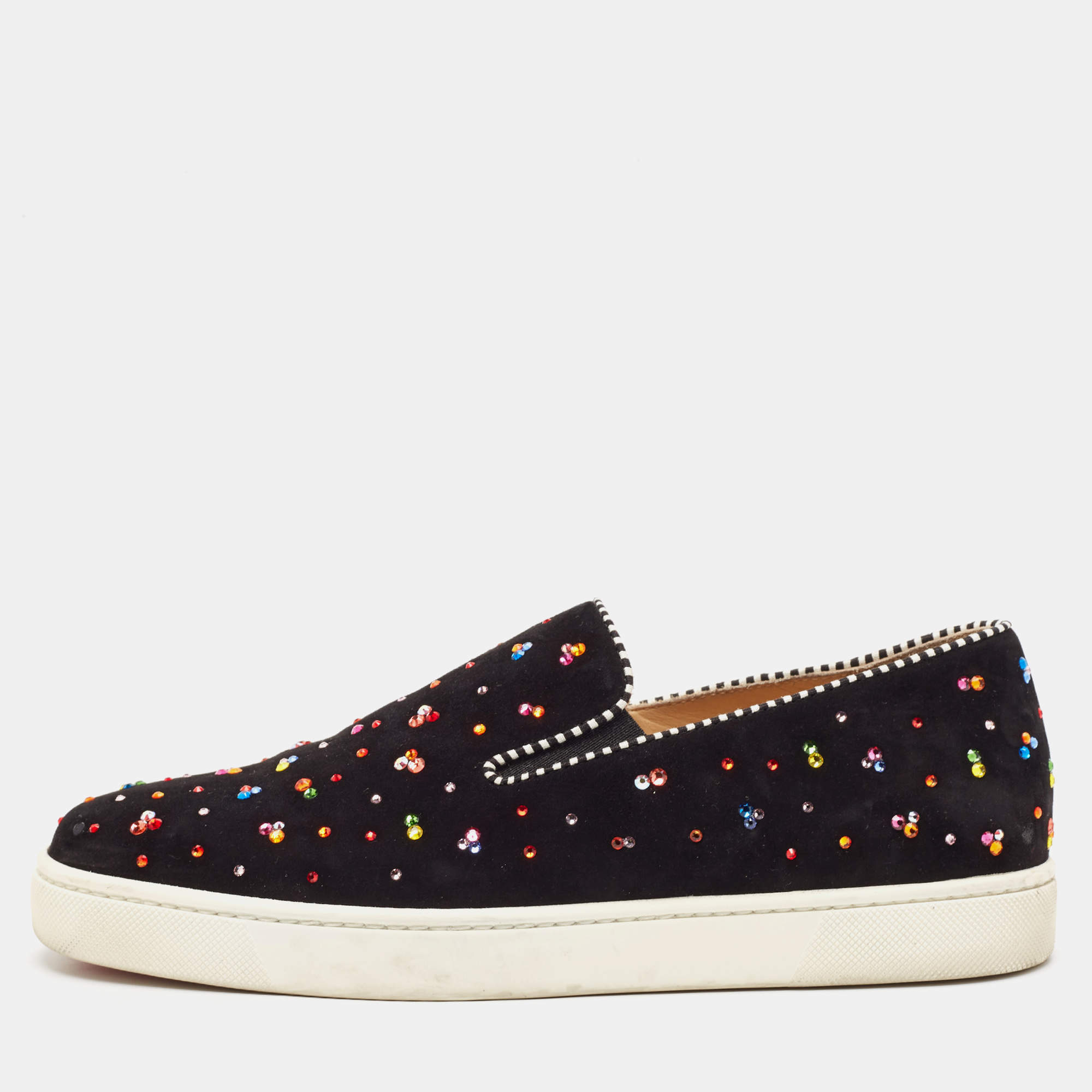 Christian Louboutin Black Suede Crystal Boat Slip On Sneakers Size 40