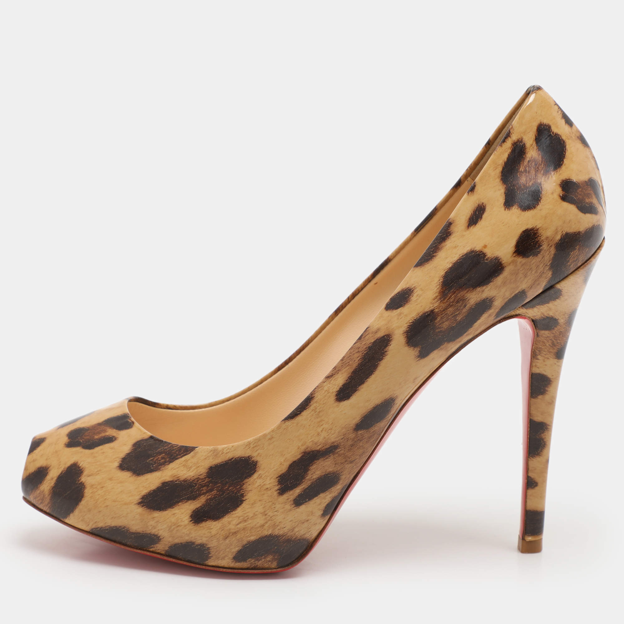 Christian Louboutin Beige Leopard Print Patent Leather Ron Ron Peep Toe Pumps Size 39.5