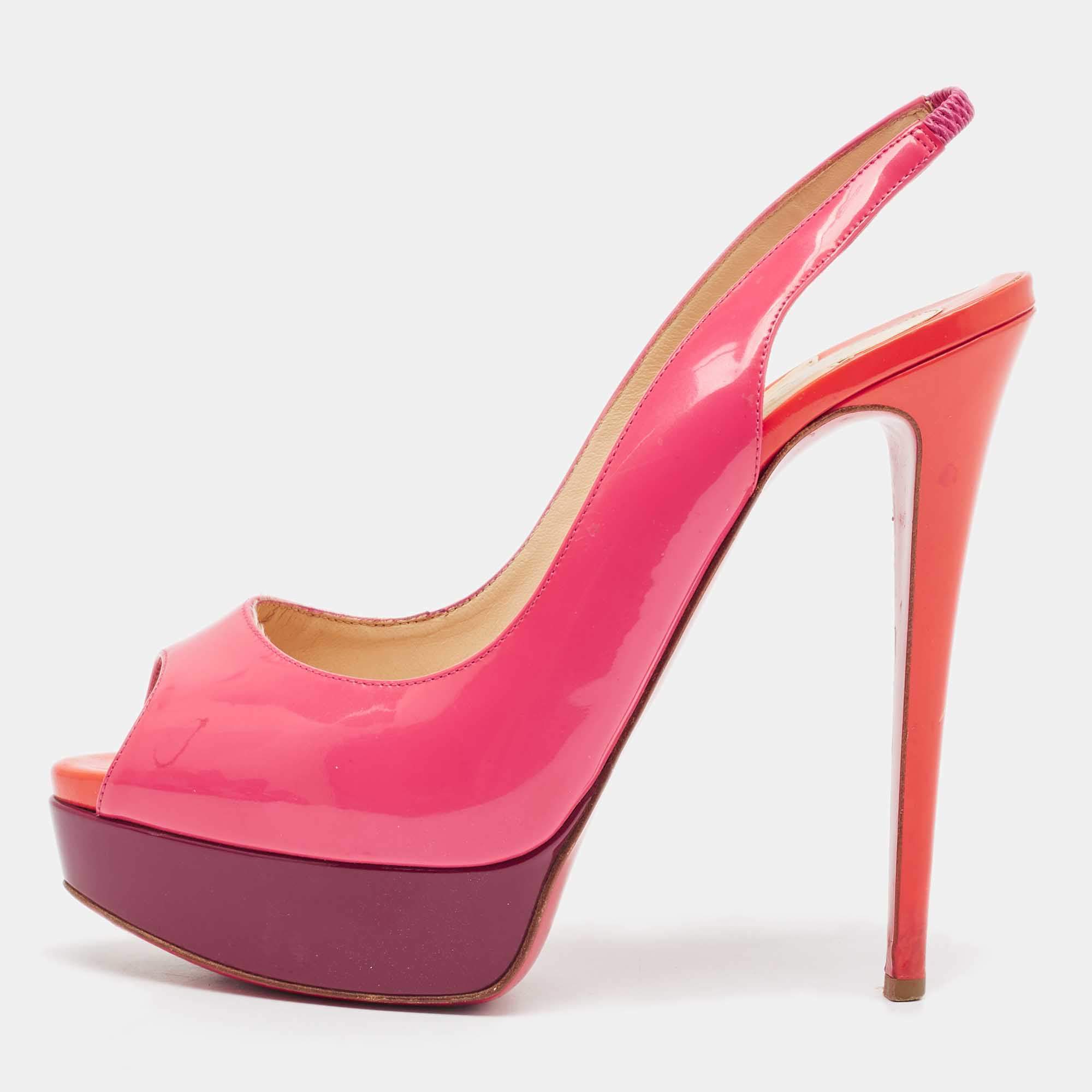 Pre Owned Christian Louboutin Multicolor Patent Lady Peep Sling Pumps Size 38.5