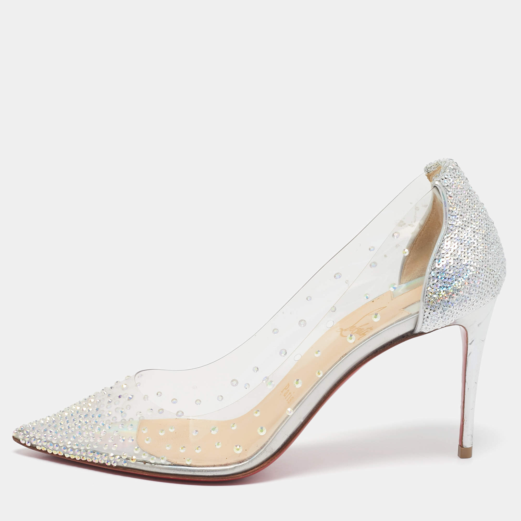 Pre Owned Christian Louboutin Silver Sequins and PVC Degrastrass Pumps Size 38