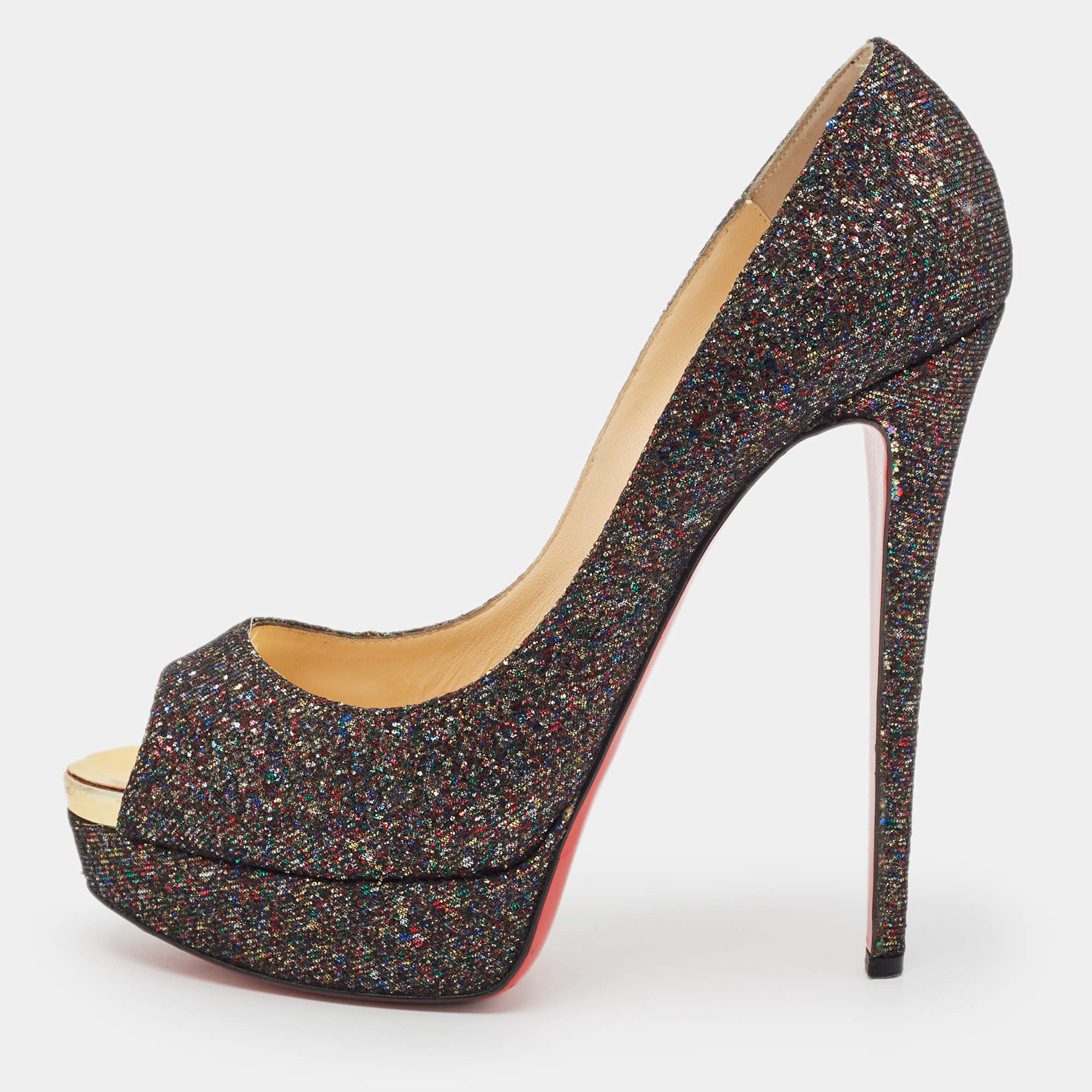 Christian Louboutin Multicolor Glitter Fabric Lady Peep Pumps Size 41
