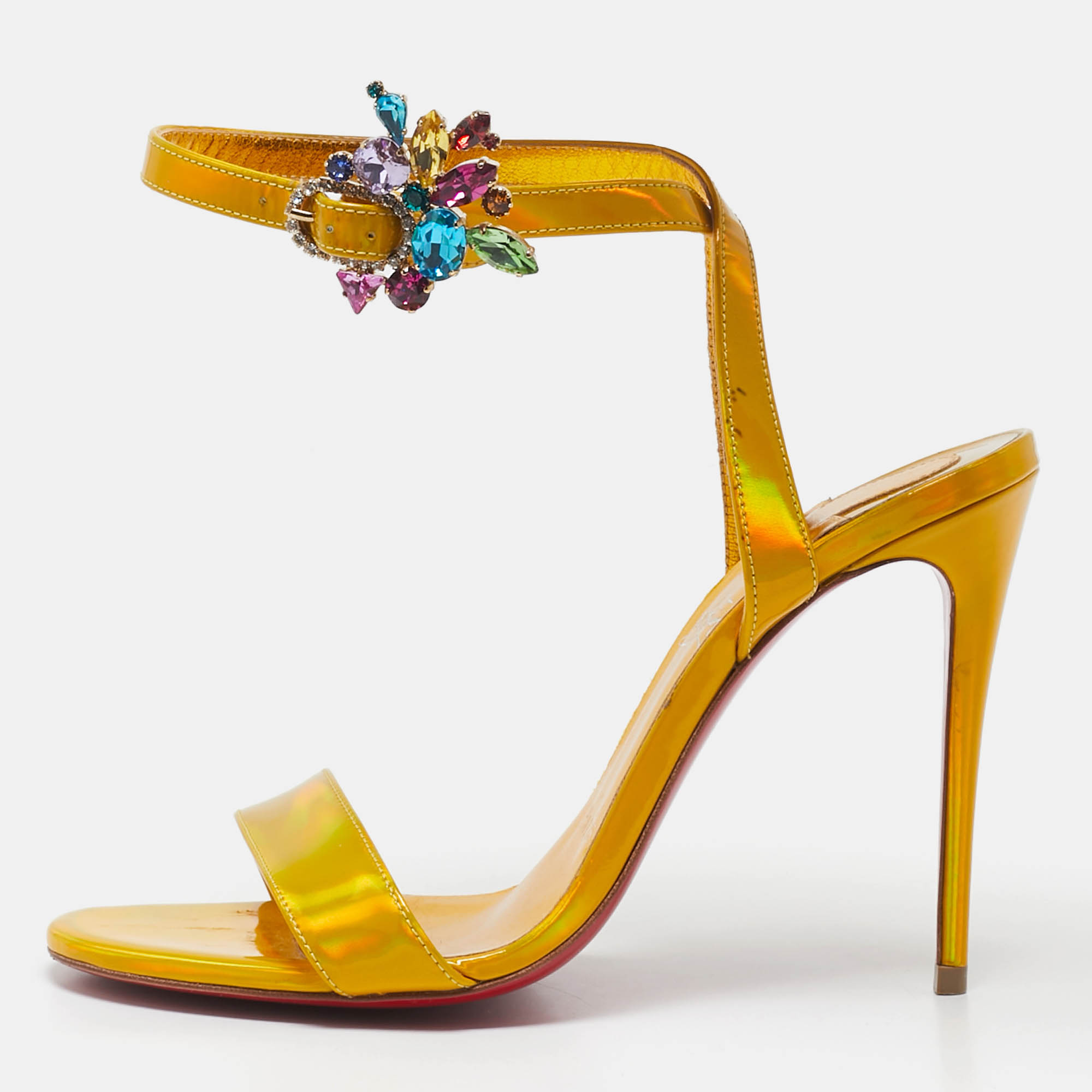 مملوكة مسبقًا Christian Louboutin Yellow Iridescent Leather Goldie Joli Sandals Size 36