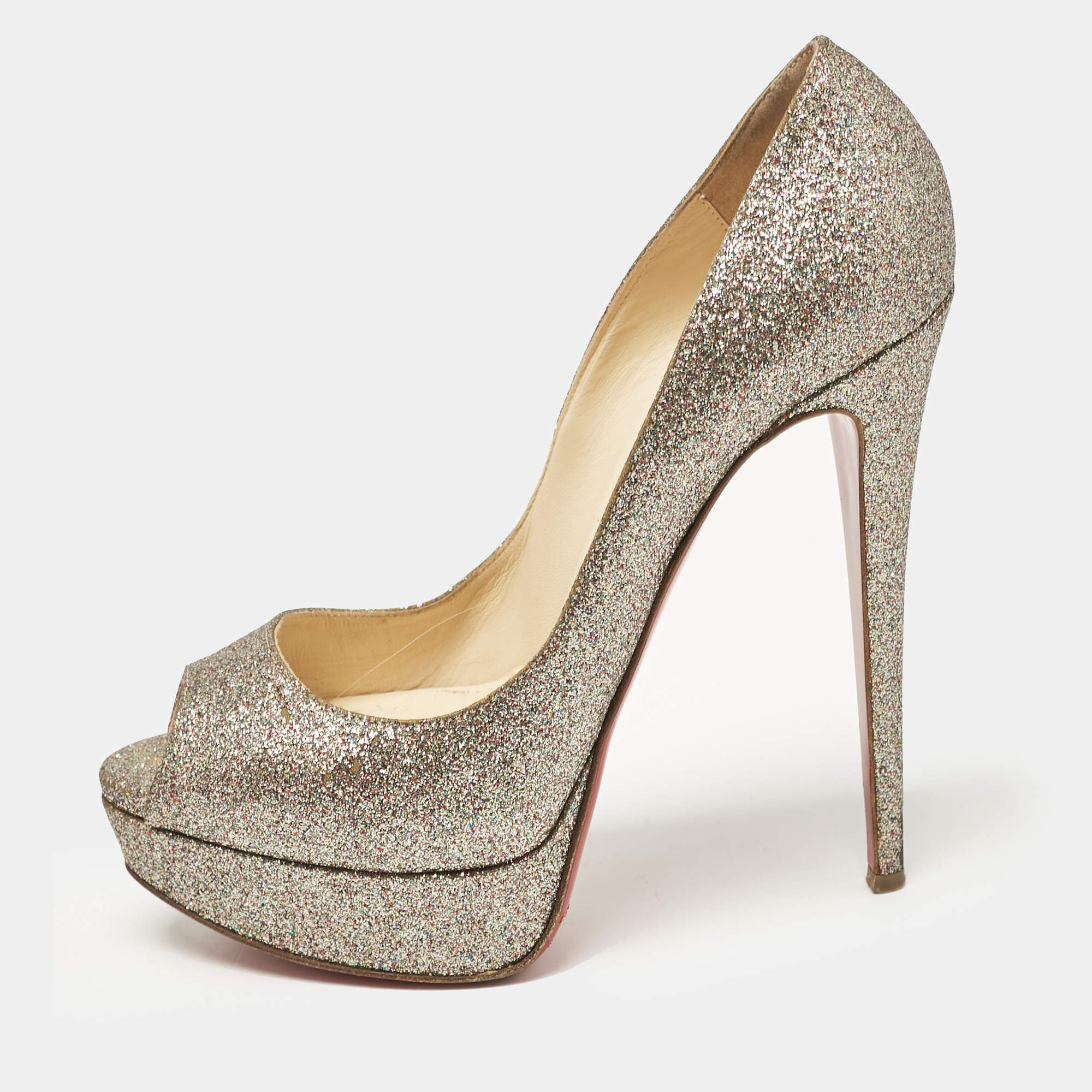 Christian Louboutin Gold Glitter Lady Peep Toe Platform Pumps Size 38.5
