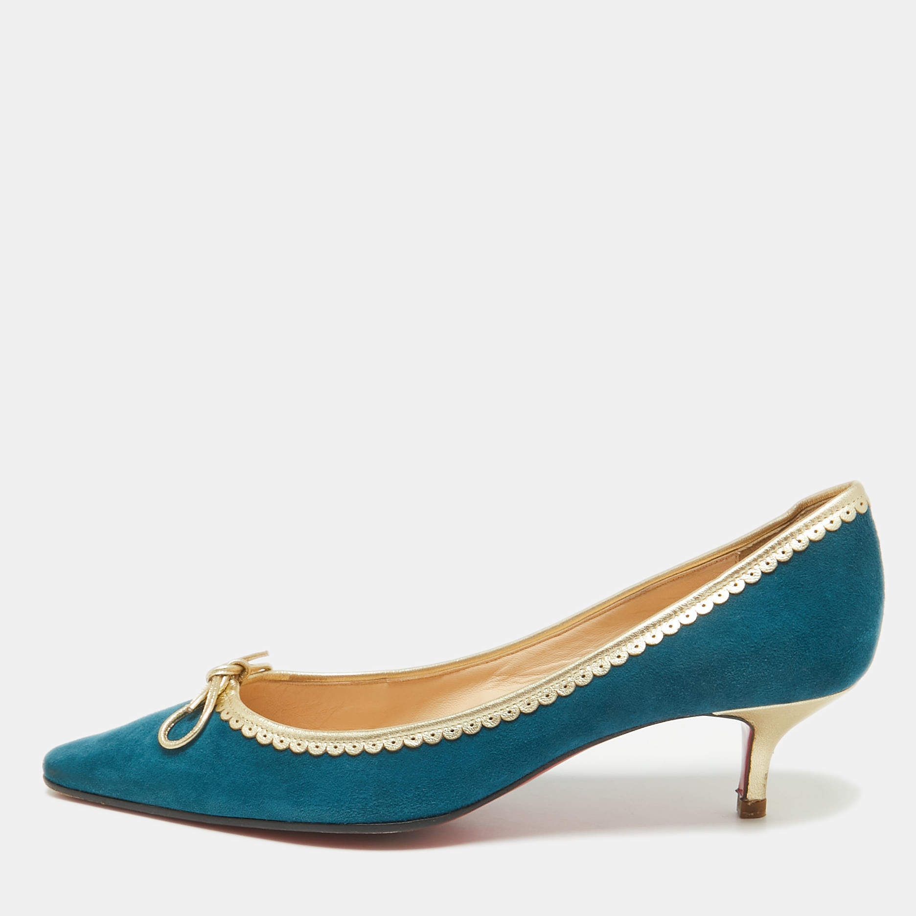 Pre Owned Christian Louboutin Blue/Gold Leather and Suede Pointed Toe Pumps Size 38