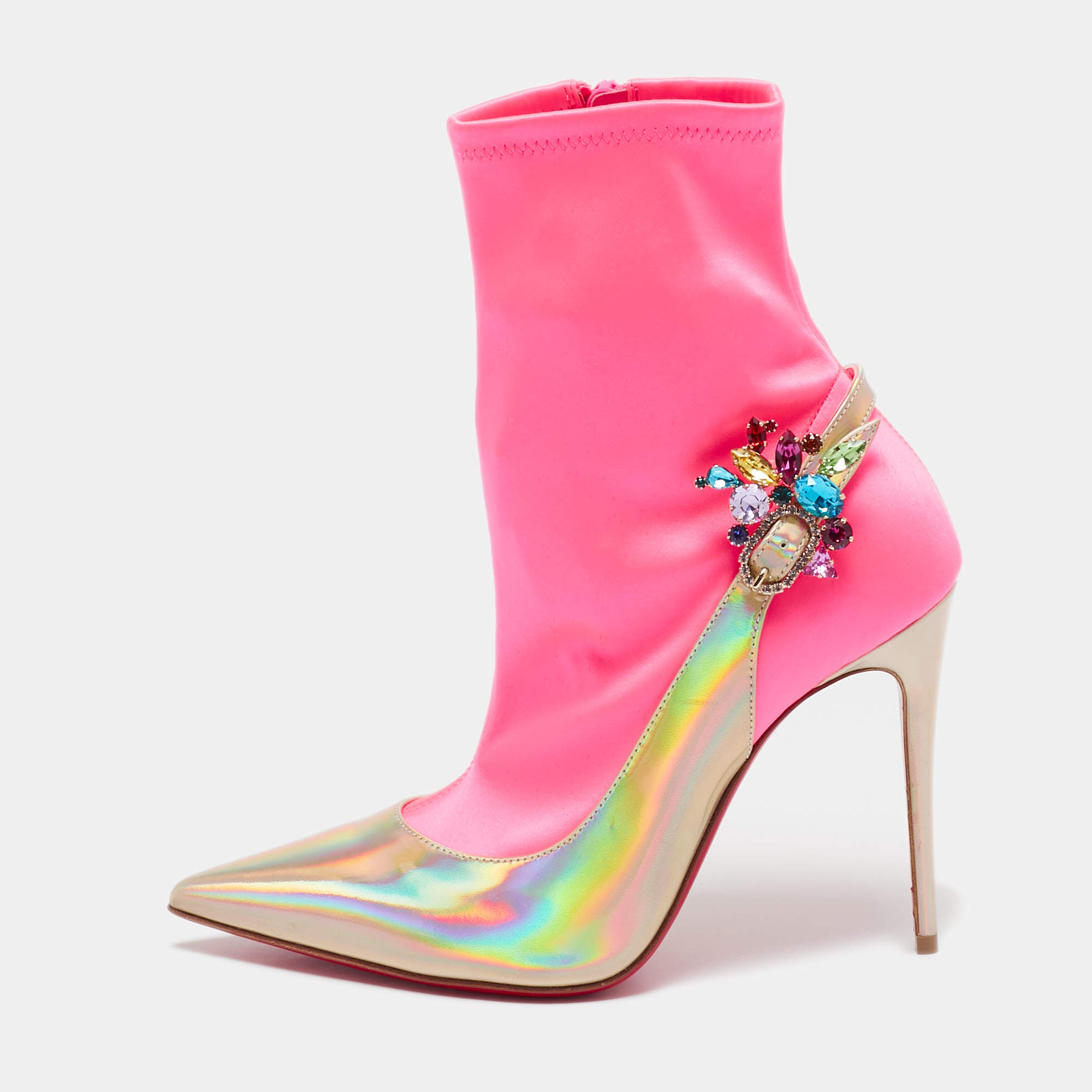 Christian Louboutin Gold/Neon Pink Iridescent Leather and Fabric Jessie Joli Ankle Boots Size 36