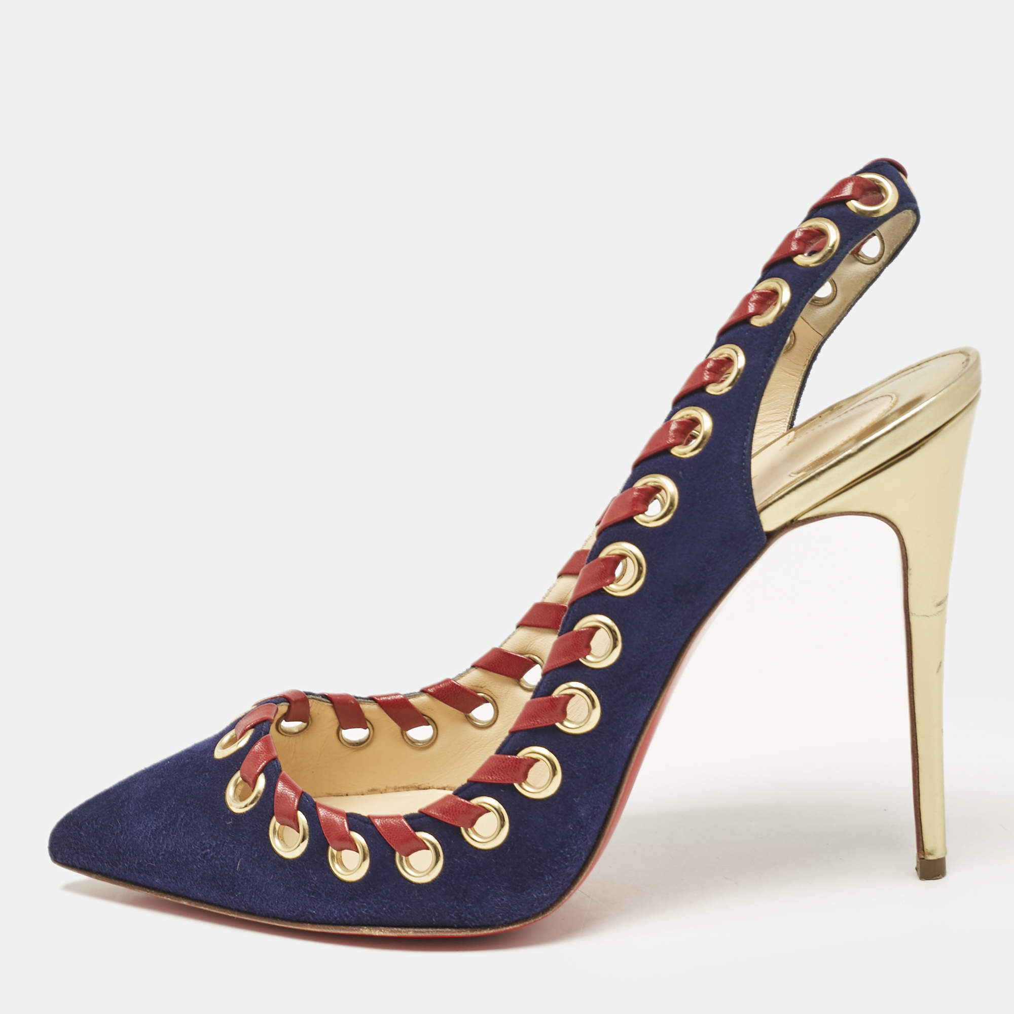 Christian Louboutin Navy Blue Suede Ostri Slingback Pumps Size 39