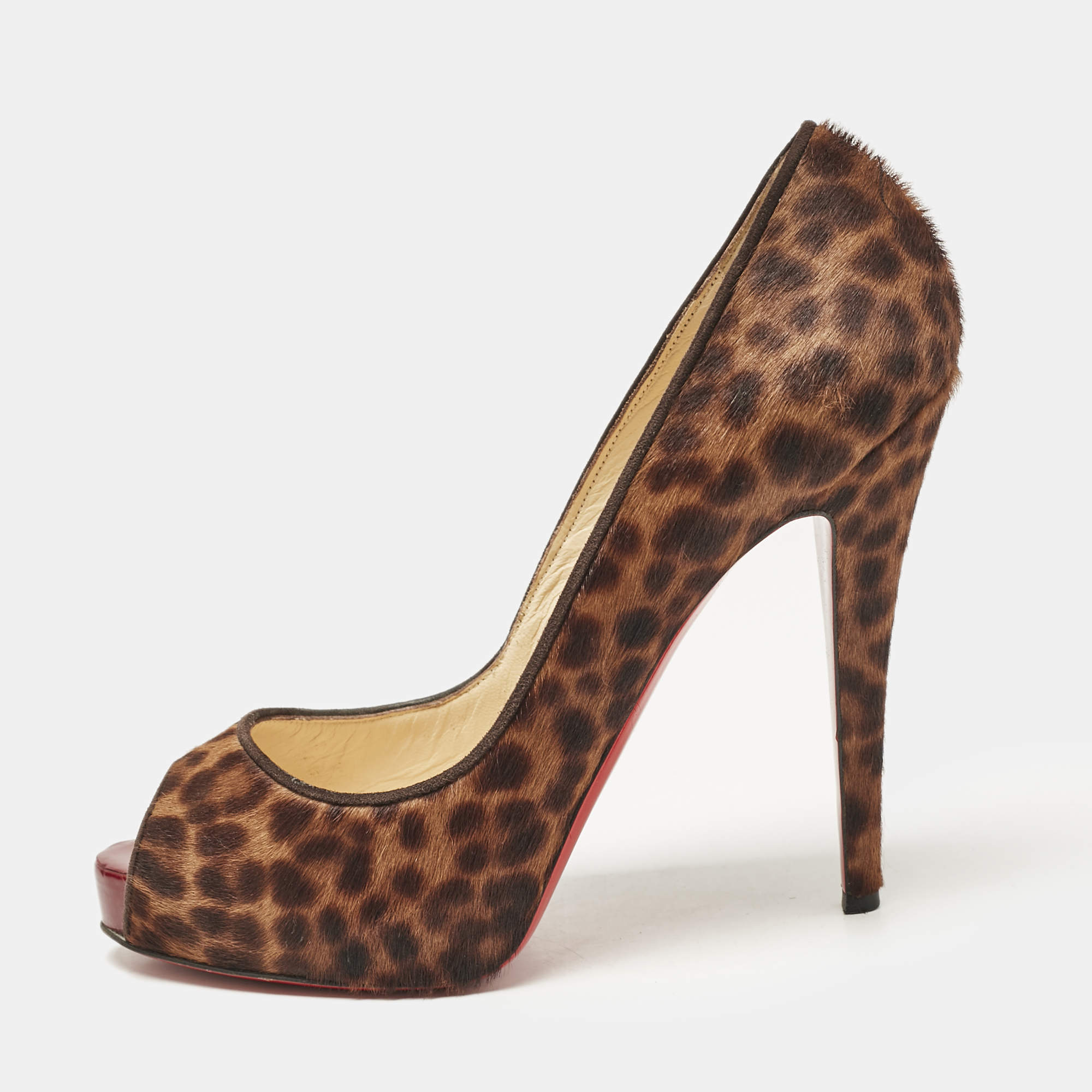 Pre Owned Christian Louboutin Brown Leopard Print Calf Hair Dorispiky Peep Toe Pumps Size 38