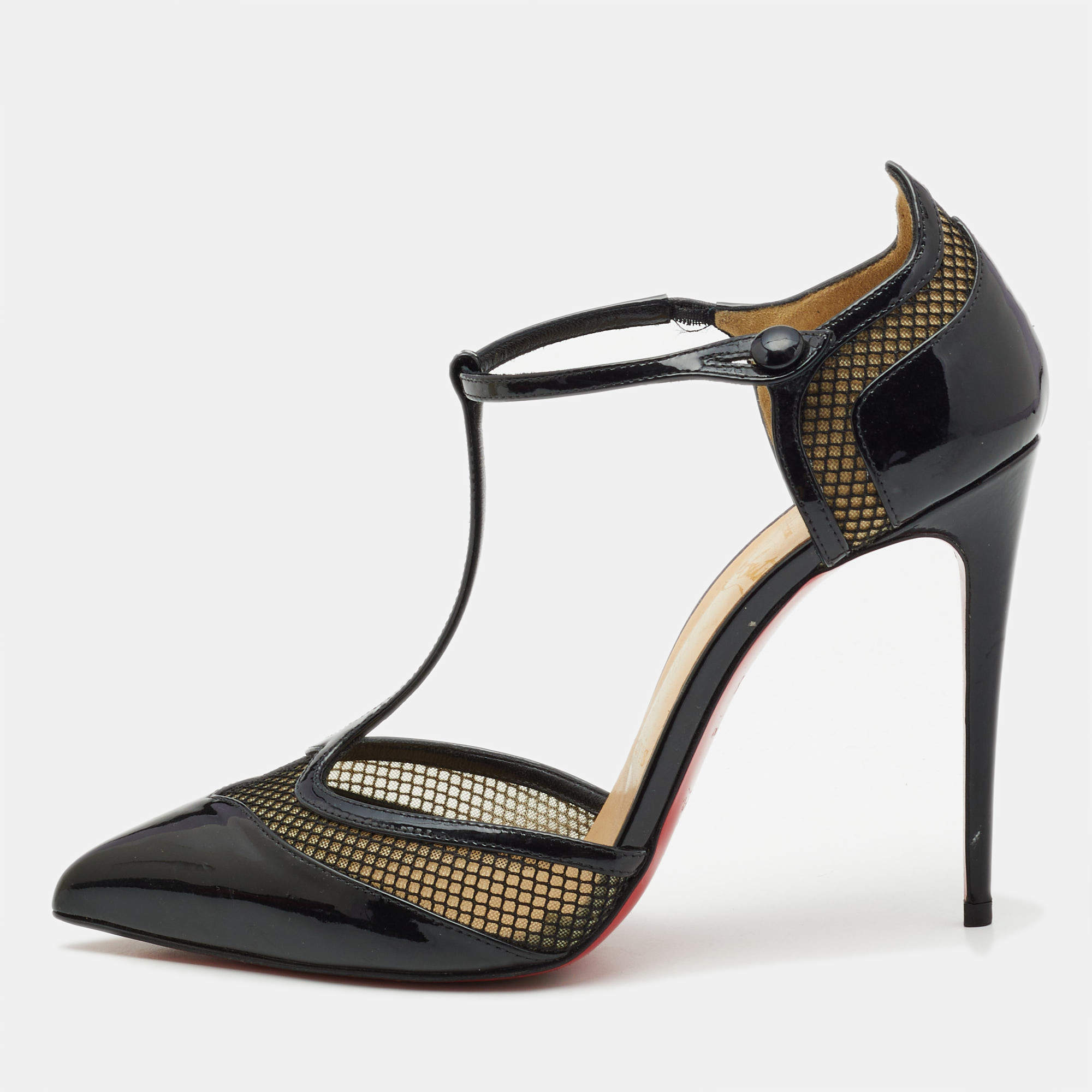 Christian Louboutin Black Patent Leather and Mesh Mrs. Early Pointed Toe Sandals Size 38.5