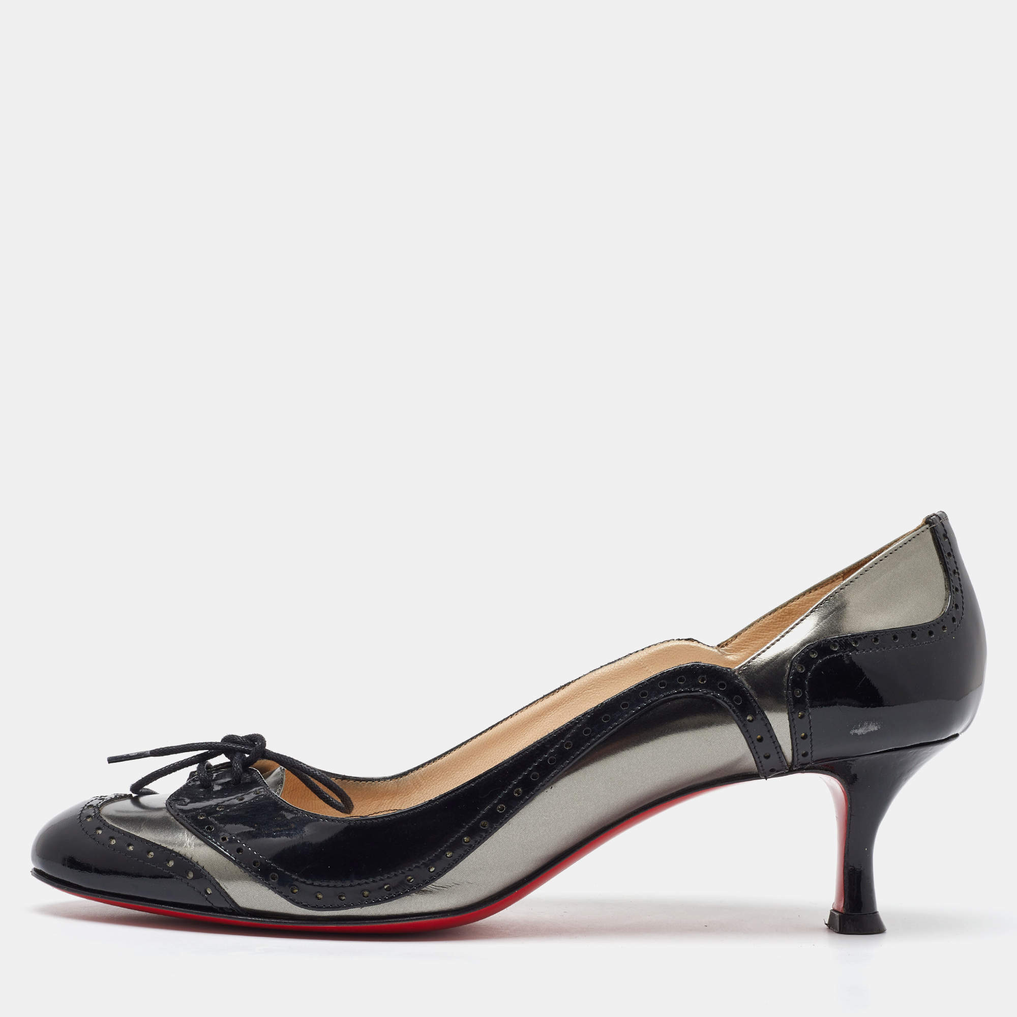 مملوكة مسبقًا Christian Louboutin Black/Grey Patent Leather Brogue Detail Pumps Size 41