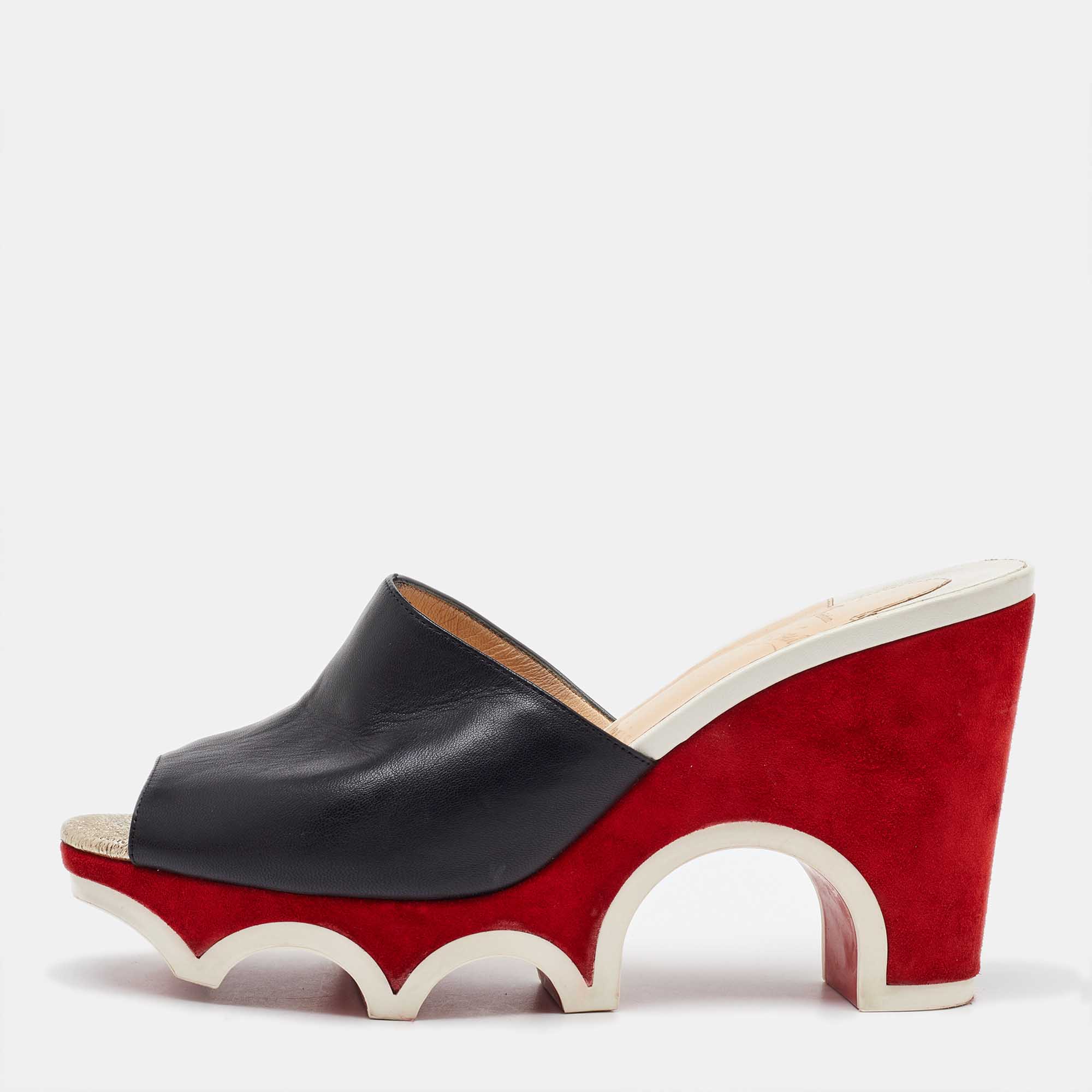 Pre Owned Christian Louboutin Black Leather Mulacramp Platform Wedge Sandals Size 40