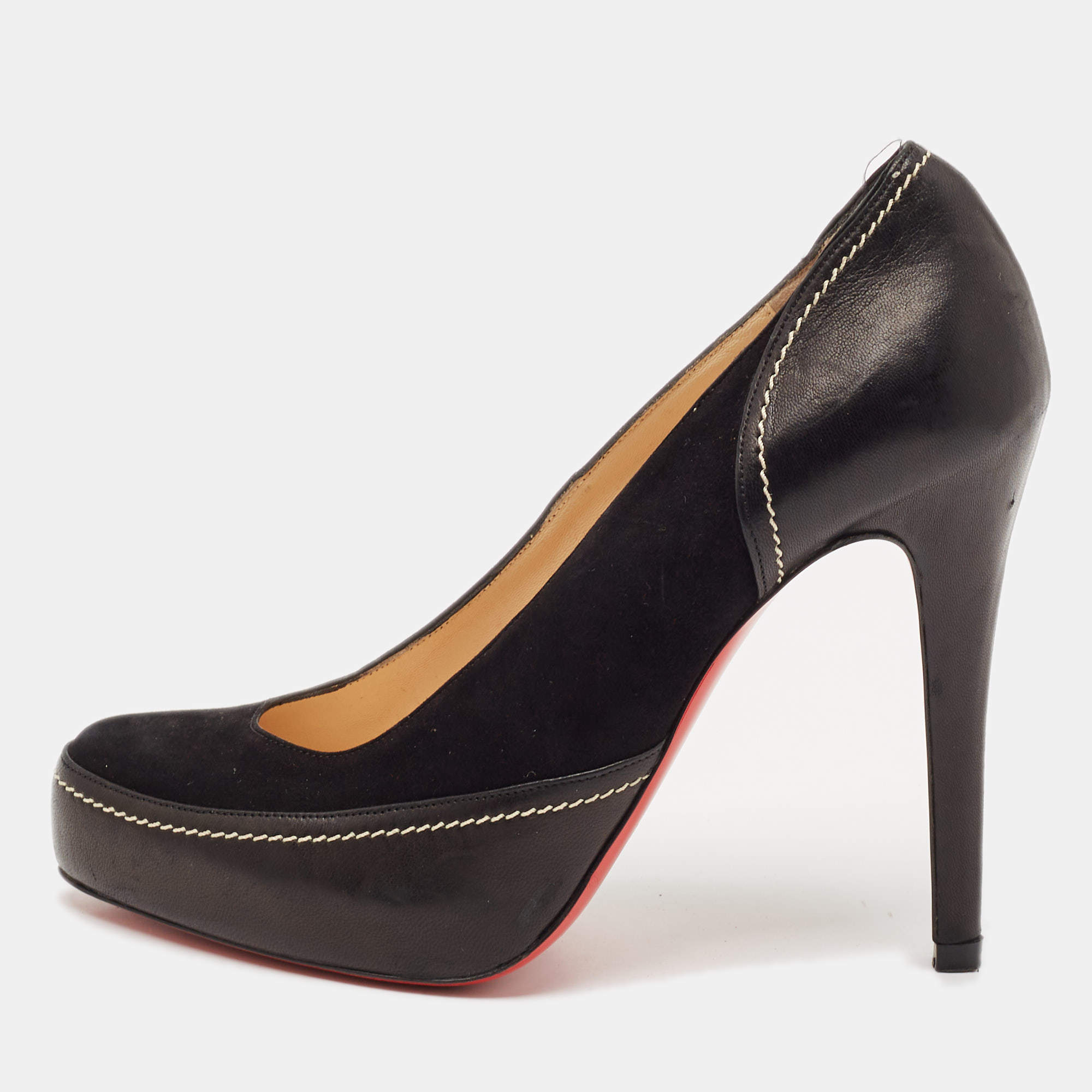Pre Owned Christian Louboutin Black Suede And Leather Defil Pumps Size 38