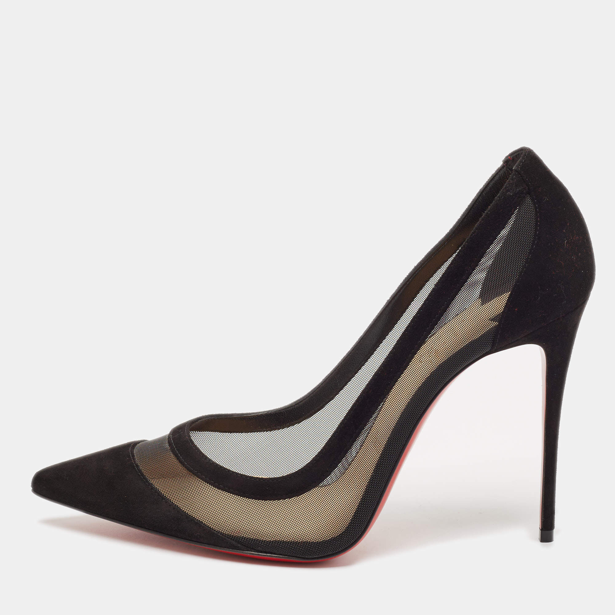 Pre Owned Christian Louboutin Black Mesh and Suede Galata Pumps Size 39.5