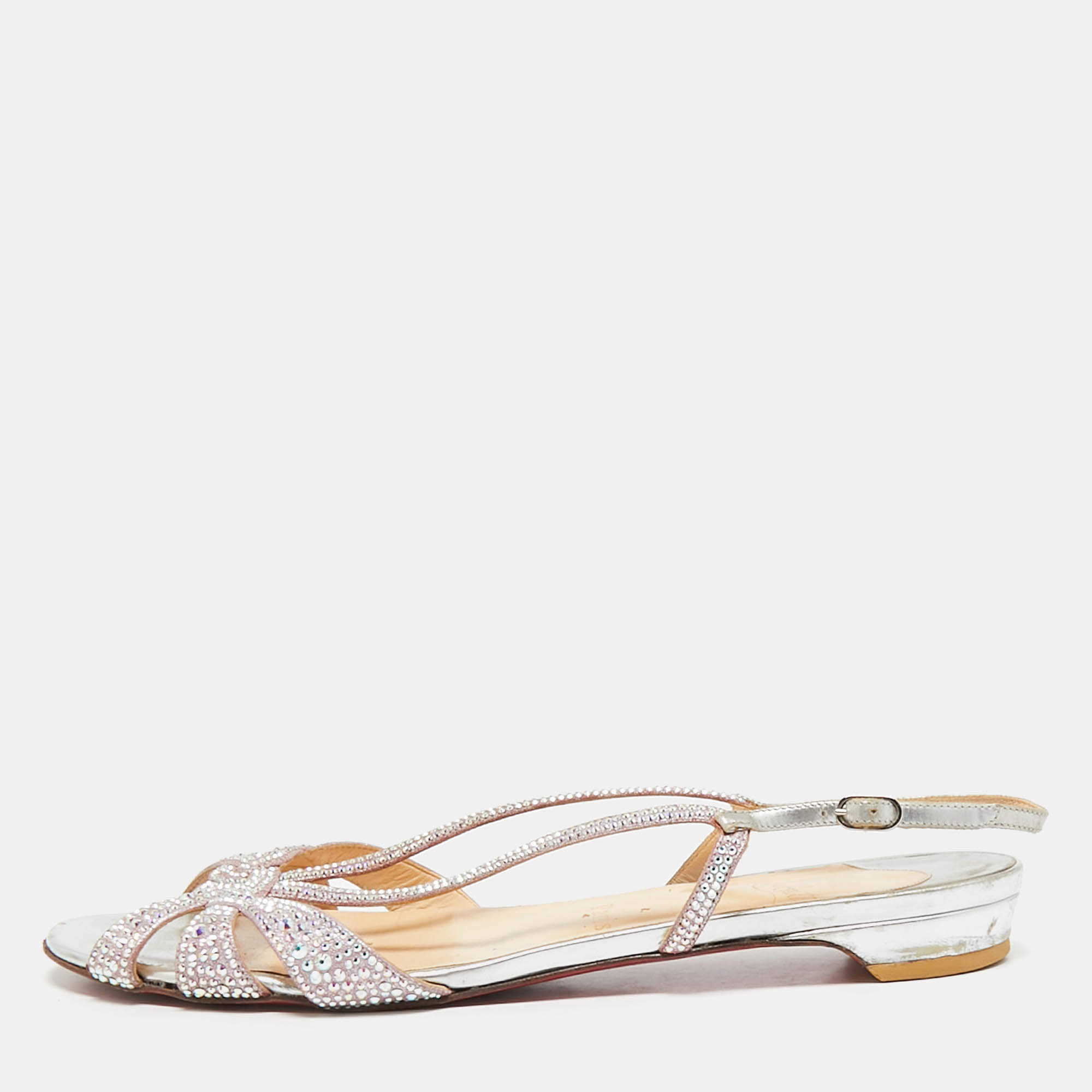 Christian Louboutin Pink/Silver Suede Crystal Embellished Slingback Flat Sandals Size 38