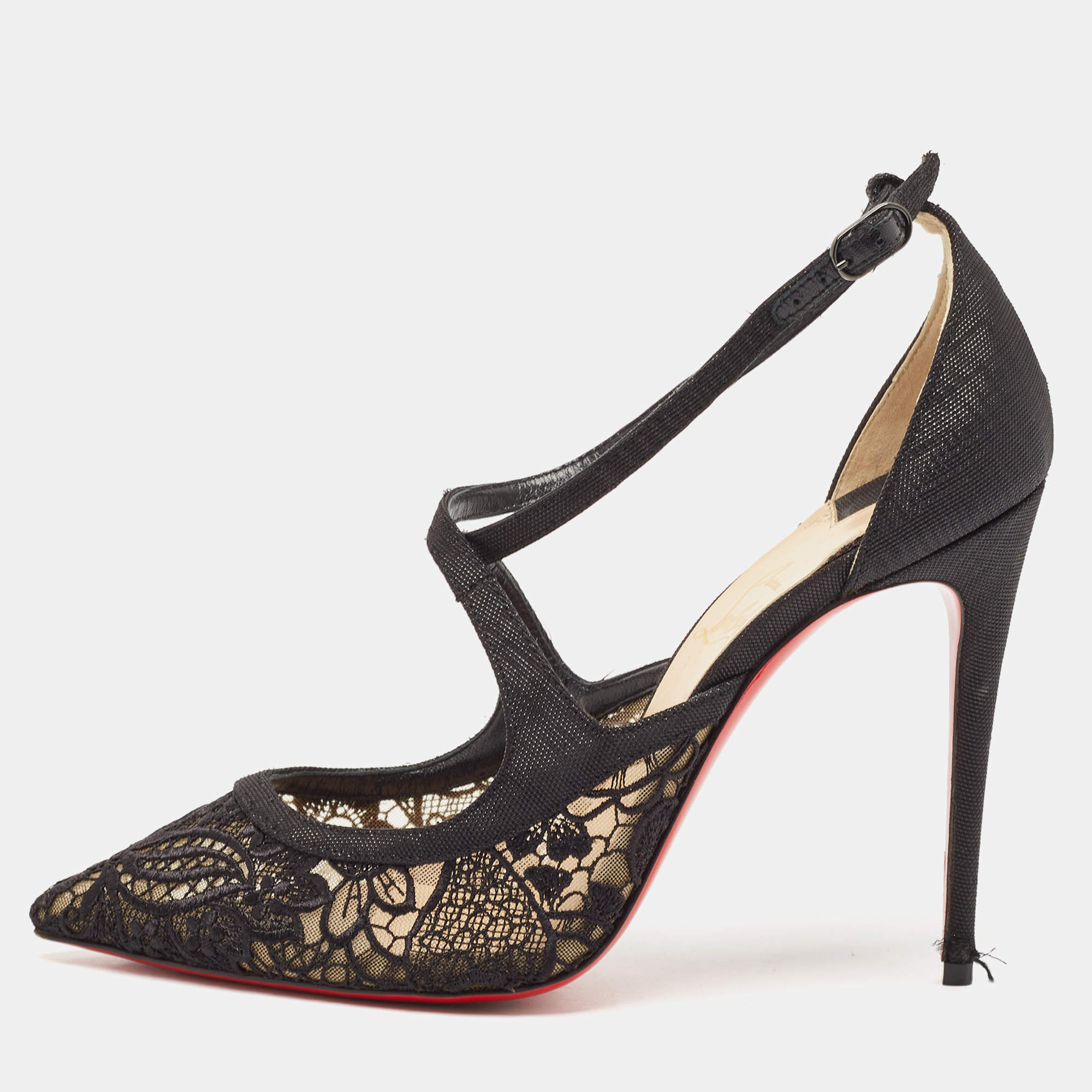 Christian Louboutin Black Lace and Mesh Strass Twistissima Pumps Size 38