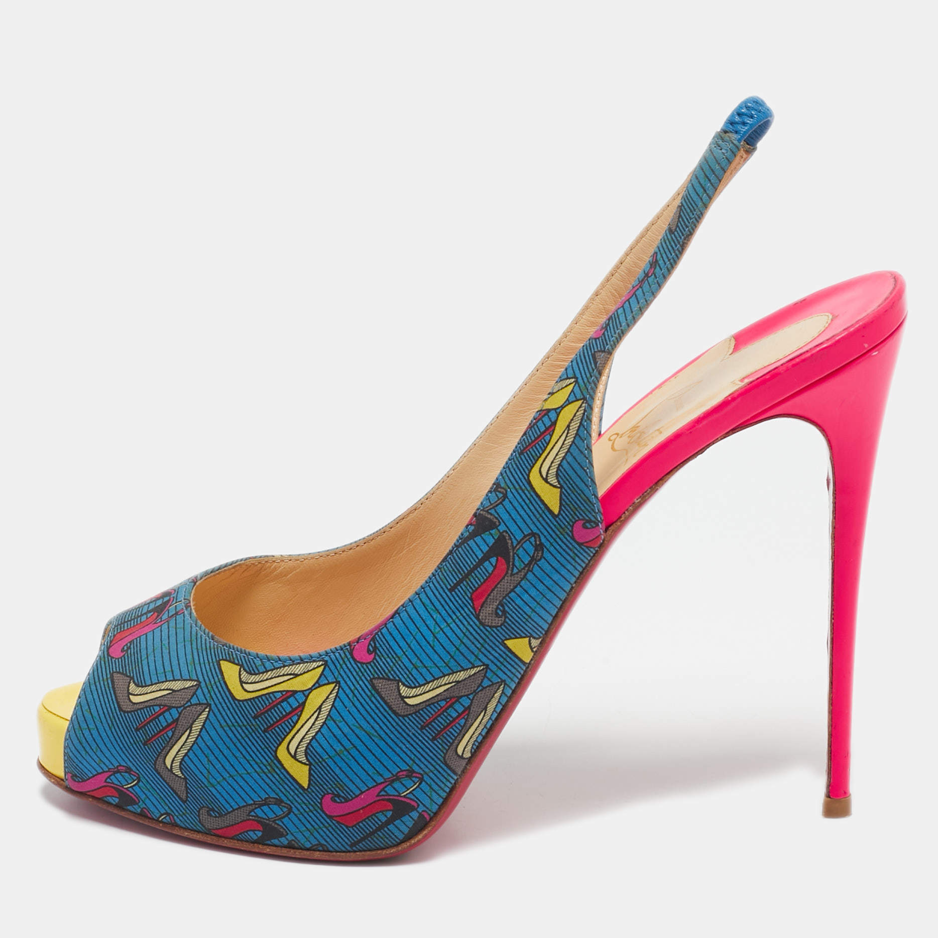 Christian Louboutin Multicolor Printed Fabric Private Number Slingback Pumps Size 39