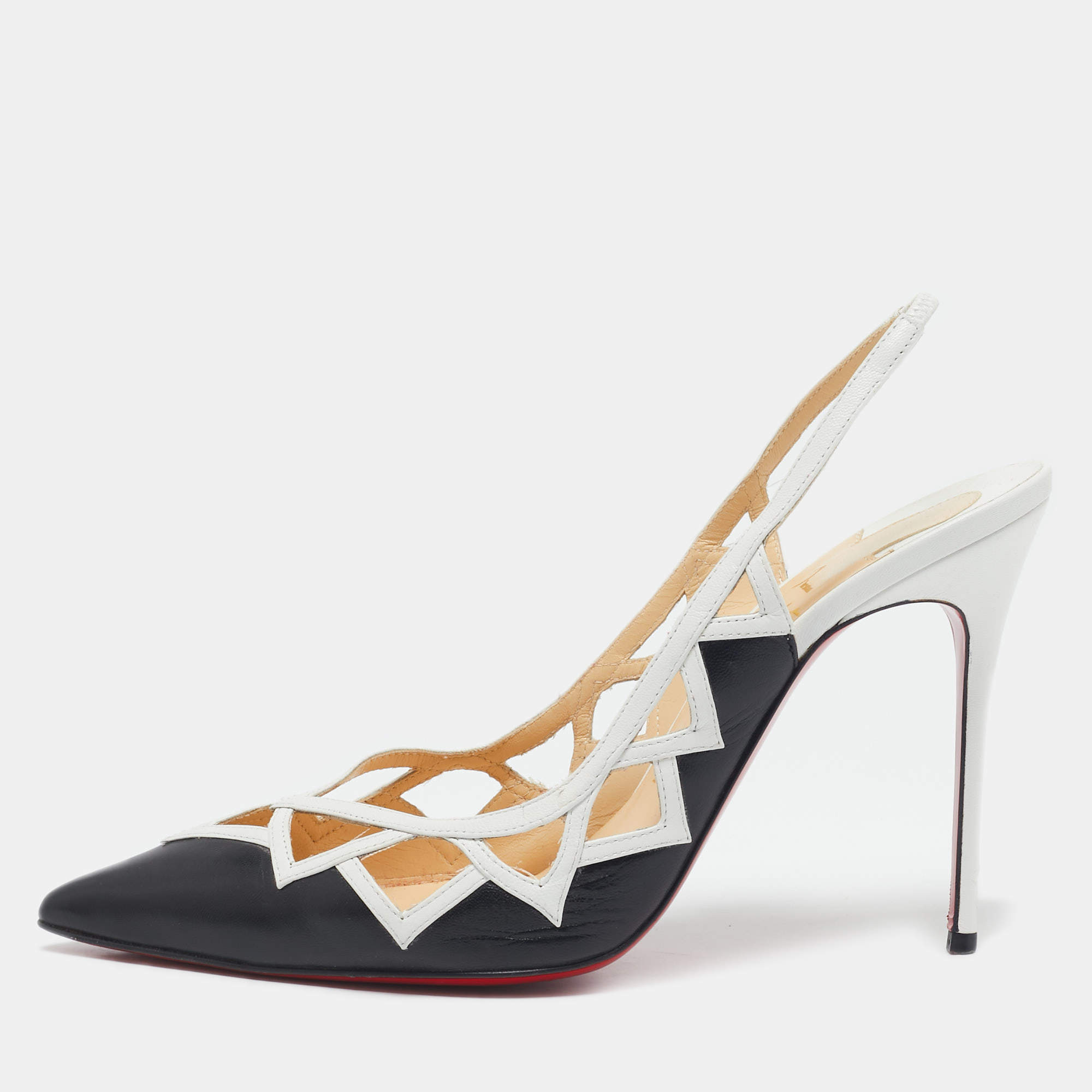 Pre Owned Christian Louboutin Black/White Leather Triangular Cut-Out Slingback Pumps Size 40