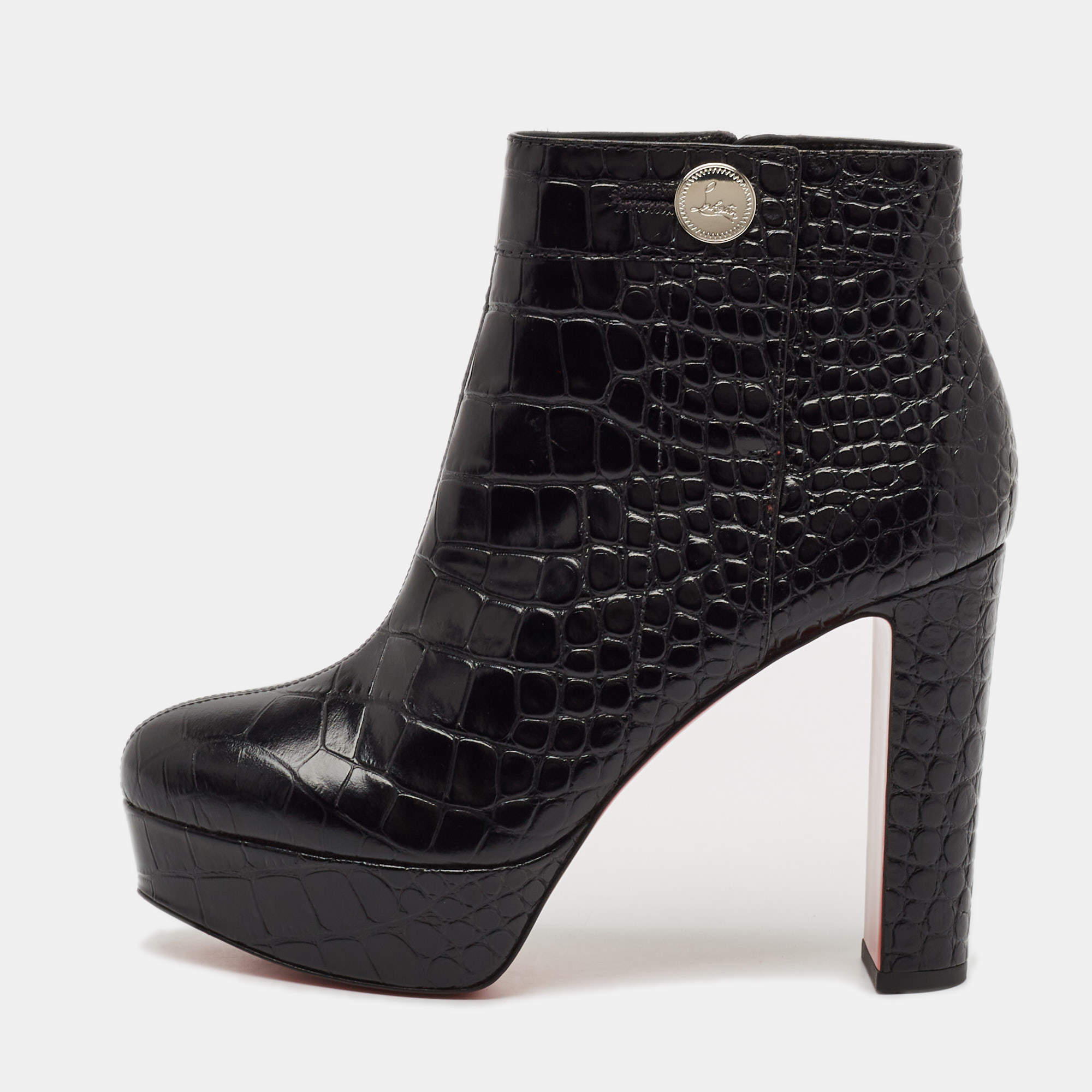 Christian Louboutin Black Croc Embossed Leather Ankle Length Boots Size 39