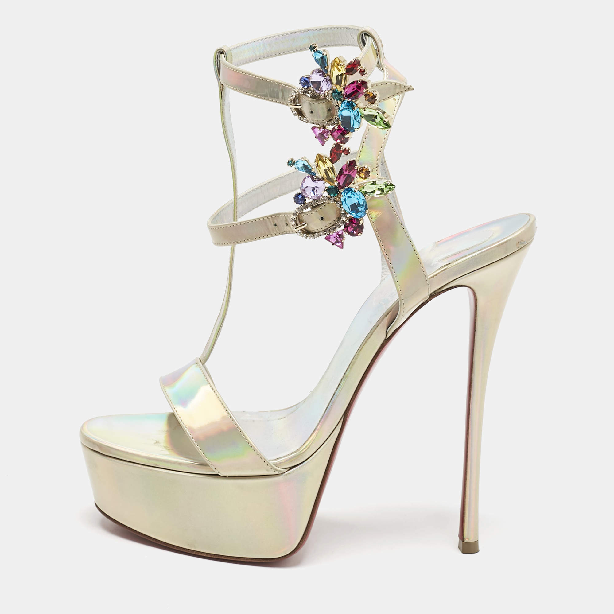 Pre Owned Christian Louboutin Iridescent Light Gold Patent Leather Mara Joli Ankle Strap Sandals Size 38