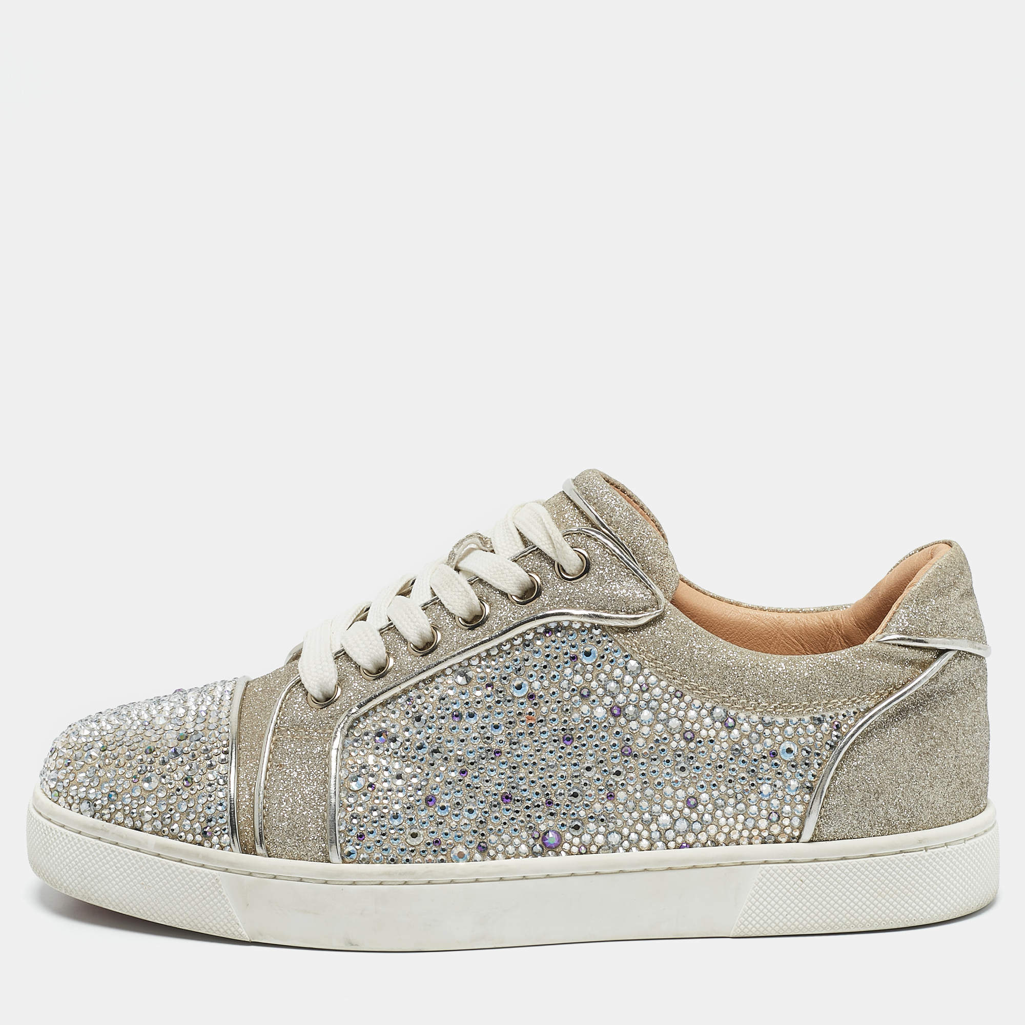 مملوكة مسبقًا Christian Louboutin Silver Glitter Crystal Embellished Vieira 2 Lace Up Sneakers Size 36.5