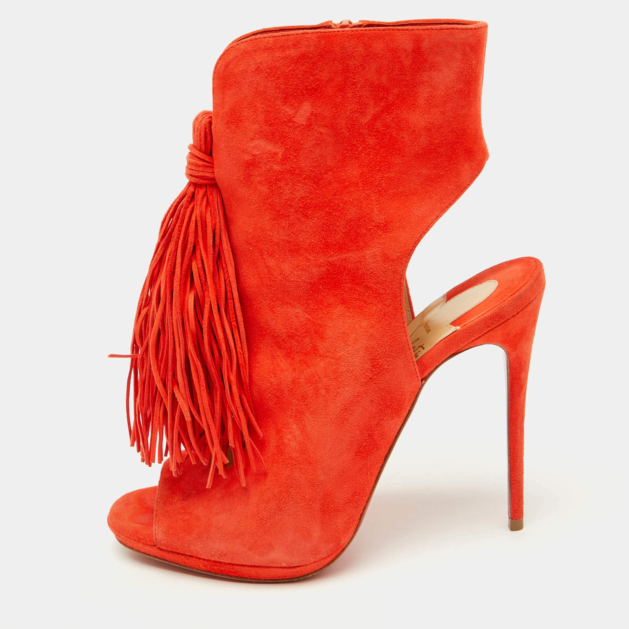 Christian Louboutin Orange Suede Otoka Open Toe Ankle Booties Size 37.5