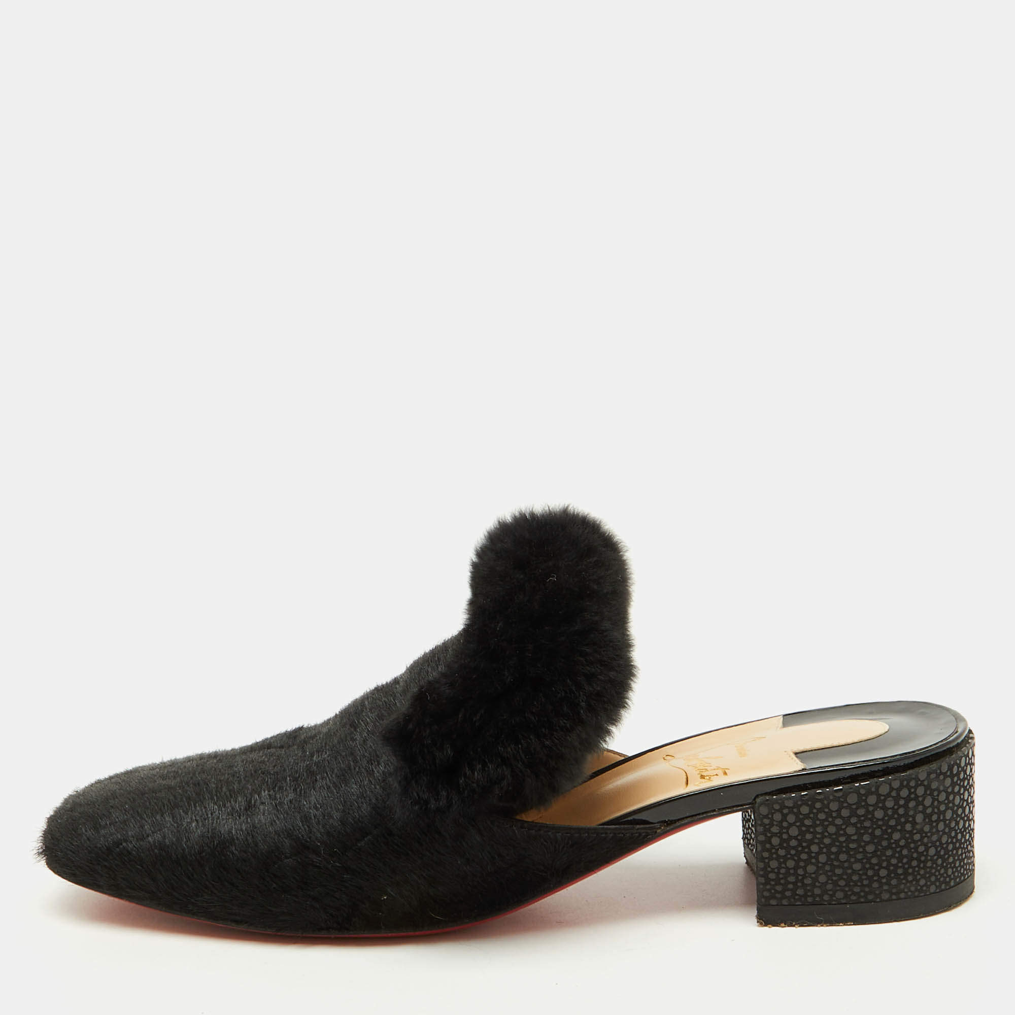 Pre Owned Christian Louboutin Black Croc Print Calfhair and Fur Boudiva Mules Size 37.5